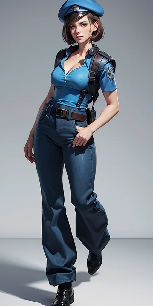 Jill Valentine, full body, masterpiece, best quality, 1girl, solo, standing, jillre1, beret, uniform, shoulder pads, short sleeves, harness, belt, bell-bottom blue pants(Wide flares on pants:1.2), cleavage, black boots, full body, perfect eyes, perfect red mouth,