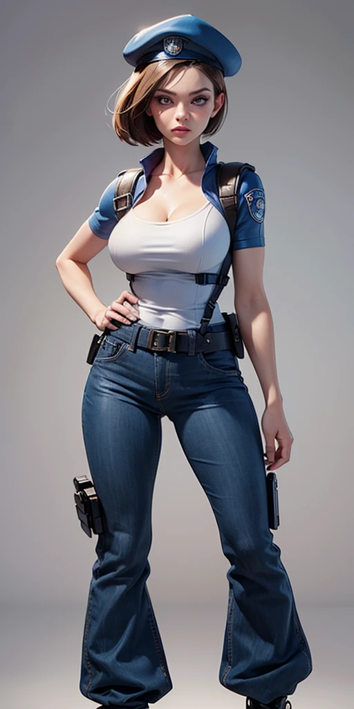 Jill Valentine, full body, masterpiece, best quality, 1girl, solo, standing, jillre1, beret, uniform, shoulder pads, short sleeves, harness, belt, bell-bottom blue pants(Wide flares on pants:1.2), cleavage, black boots, full body, perfect eyes, perfect red mouth,