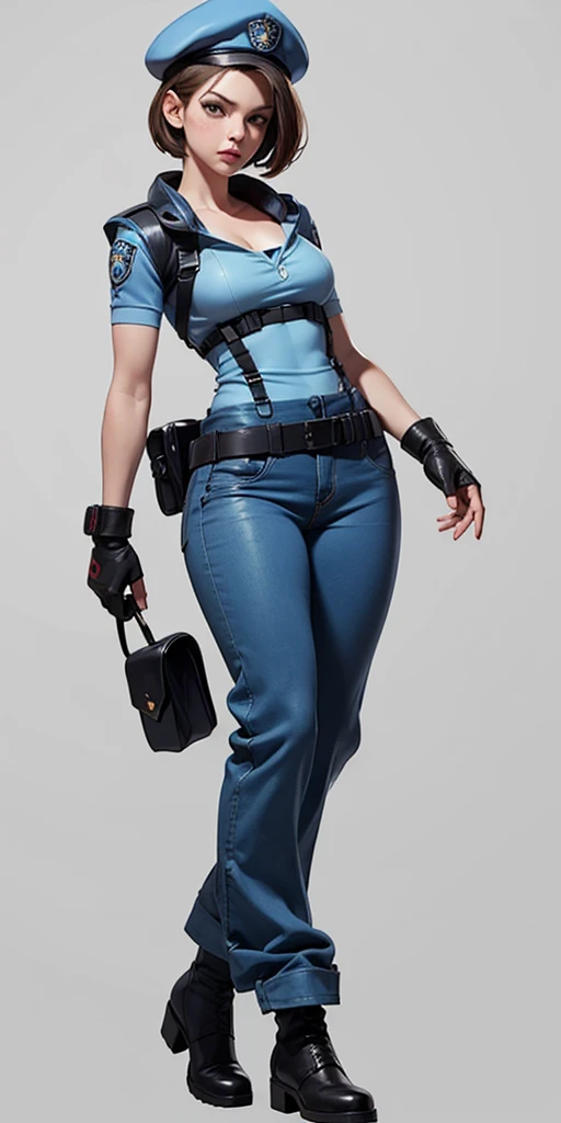 Jill Valentine, full body, masterpiece, best quality, 1girl, solo, standing, jillre1, beret, uniform, shoulder pads, short sleeves, harness, belt, bell-bottom blue pants(Wide flares on pants:1.2), cleavage, black boots, full body, perfect eyes, perfect red mouth,