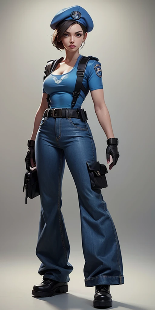 Jill Valentine, full body, masterpiece, best quality, 1girl, solo, standing, jillre1, beret, uniform, shoulder pads, short sleeves, harness, belt, bell-bottom blue pants(Wide flares on pants:1.2), cleavage, black boots, full body, perfect eyes, perfect red mouth,
