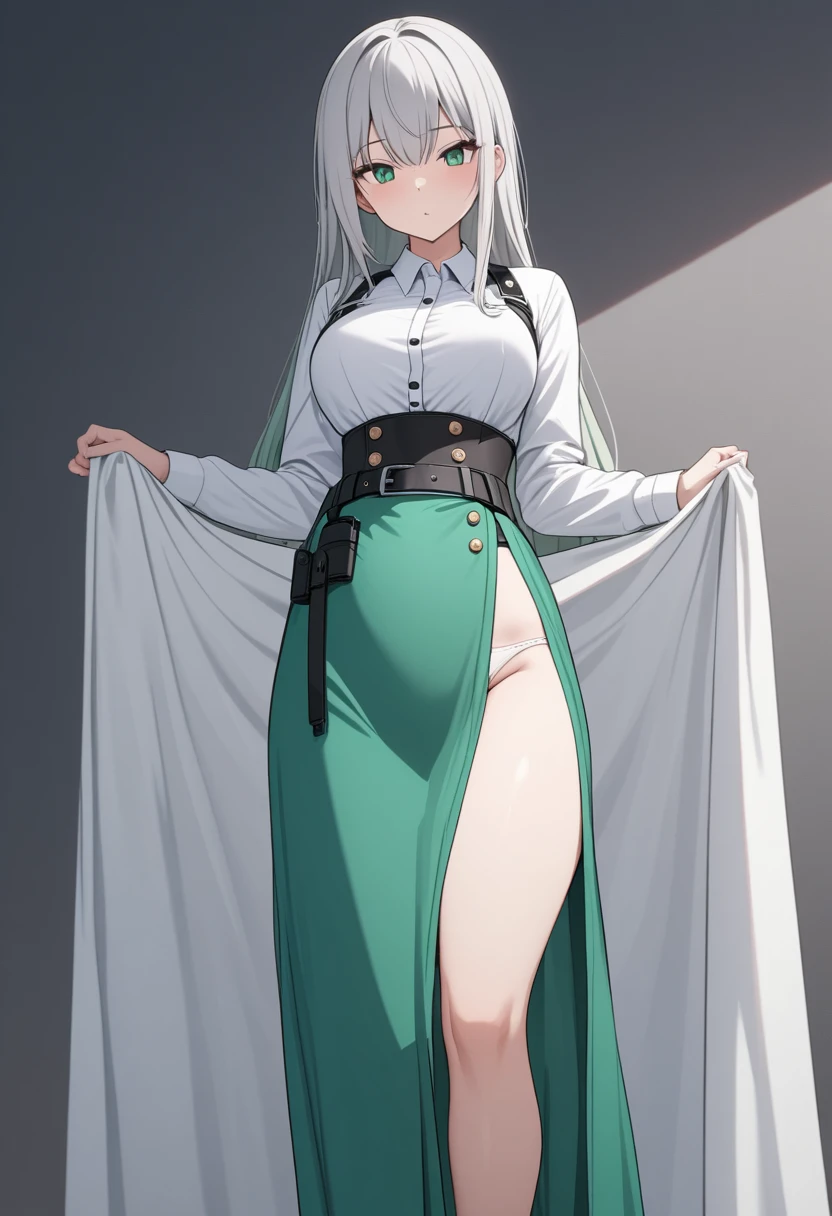 ((masterpiece)), (highest quality), (Simple style),Silver hair, super long, jade green eyes, cheeful, body harness, holster belt, leg belt, white cloth panties, long dress shirt(All the buttons are empty) High Waist Midi Skirt