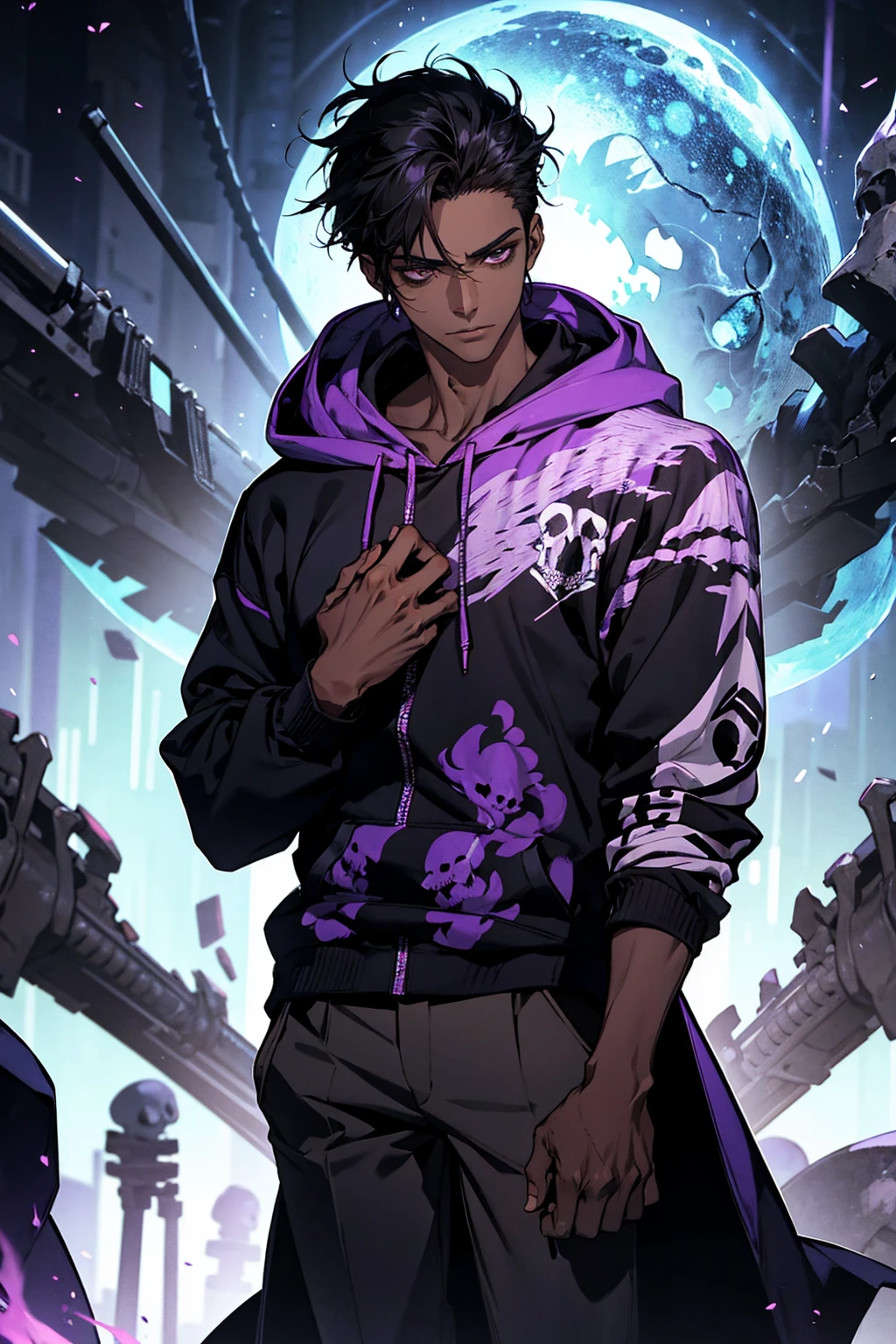 male with bones, looking away from camera, skulls, bones, handsome, black, dark skin, tall, broad shoulders, black hair, purple, purple fire, magic, detailed face, fantasy, hoodie
