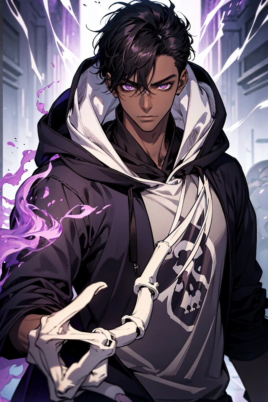 male with bones, looking away from camera, skulls, bones, handsome, black, dark skin, tall, broad shoulders, black hair, purple, purple fire, magic, detailed face, fantasy, hoodie