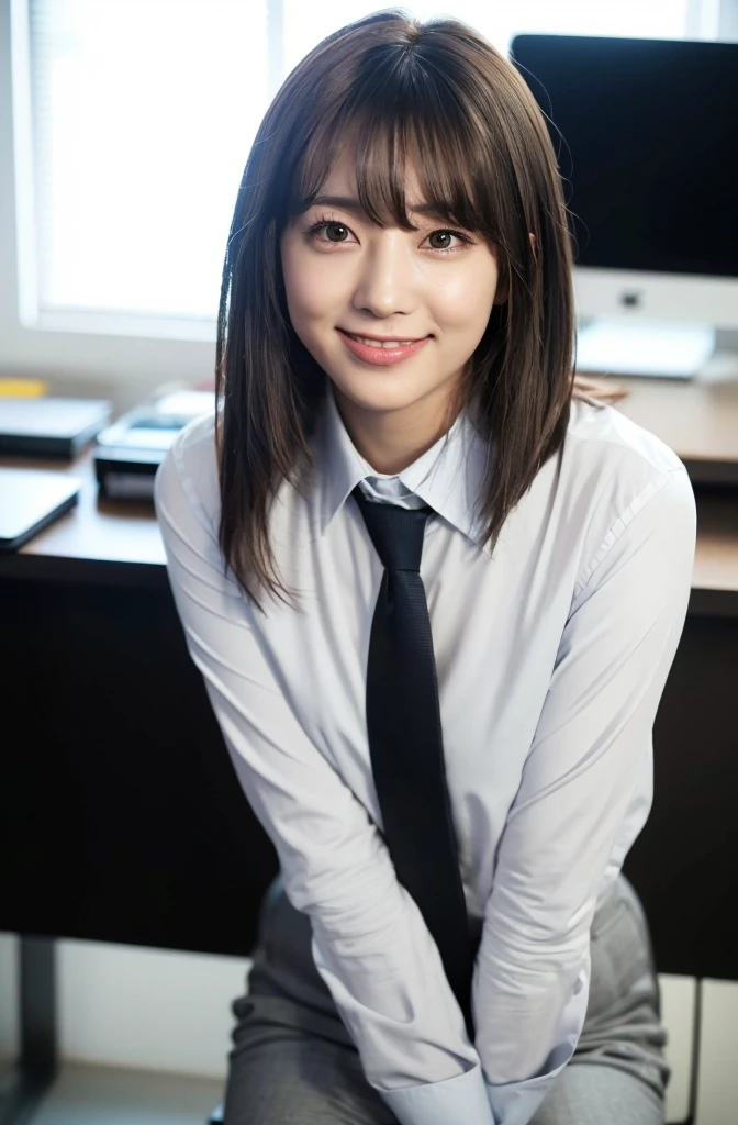 ((8k)、highest quality、masterpiece、超A high resolution:1.2)Photo Beautiful Japan woman、grace、good、Transparent atmosphere、Beautiful Face、Gradient lighting、One Girl、Delicate skin、Looking into the distance、Brown eyes、(Short hair with bangs:1.2)、(Large breasts:1.0)、(Realistic:1.4)、(highest quality:1.0)、(超A high resolution:1.0)、8k、Raw photo、(masterpiece:0.2)、(Purelos Face)、 タイトビジネスホワイトshirt、Light grey tie、タイトYshirt、shirt、Tight fit、Light grey tie、Black trousers、Business Fashion、Dark grey pants、The band is thin、What can I do for you?、Look Away、office、There are many computers lined up、suspenders、Lots of desks、大きなoffice、Complete darkness、theme、Tilt、Hang your employee ID card from your neck、Have a file、Late at night、Big butt、A little chubby、Chubby body type、Sweep your bangs to the side、Perfect hairstyles、Listen carefully、Put your elbows on the desk、get up、Crossing your legs、Sit on a chair、From elbow to elbow on one side、Tilting on the desk、smile、smile、