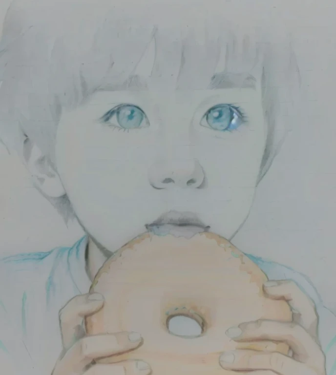 Drawing of a boy holding a donut in front of his face, Eating a donut, Colored pencil sketch, a Colored pencil sketch, Colored pencil sketch, Colored pencil sketch, Realism drawing, Pastel Artwork, Pencil and watercolor, Colored pencils on paper, full Color painting, Pastel drawing, Color painting, Colored pencil drawing, Pastel Art, Drawn with colored pencils, Large pastel