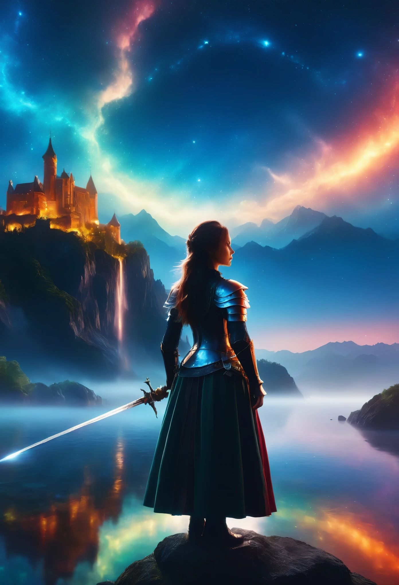 (8k, highest quality, masterpiece, final fantasy style: 1.2), (unrealistic, photorealistic: 1.37), (one mage lady standing on lake side, huge bouncing bust, Cover your whole body in light, Magic Swordsman, with sword with fire, Her sword shines into the heavens:1.1), Dreamy landscape, Fantasy, Unsurreal landscapes, Super detailed, Flying medieval castle, Floating Island in the Sky, Seven-colored swirl of light, (流星のMr.に空を舞う光り輝く尾の長い小鳥:1.3), Aurora, Intense lightning, milky way, Complex Light, Mr.々Colored light, Large Lake, Starry sky reflected on the lake surface, Countless shining stars, Meteors, Many meteors, Aura of, (A pillar of light emanated from the ground:1,2), 複雑な文Mr.の魔法陣,