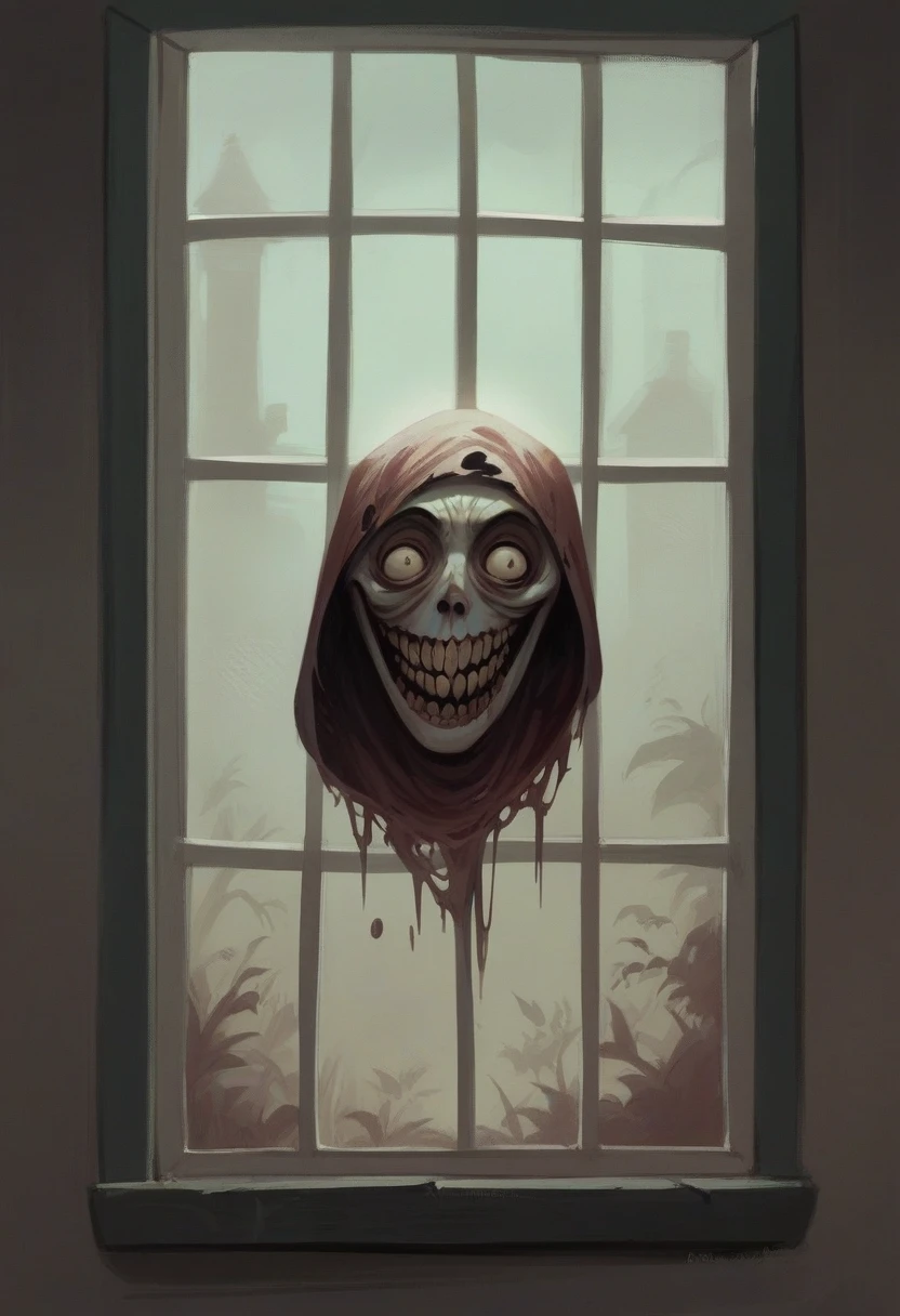 Mark Zuckerberg knocking on the window and asking to come inside. Terrifying smile. horror. scary. terrifying. --ar 9:16 --style raw