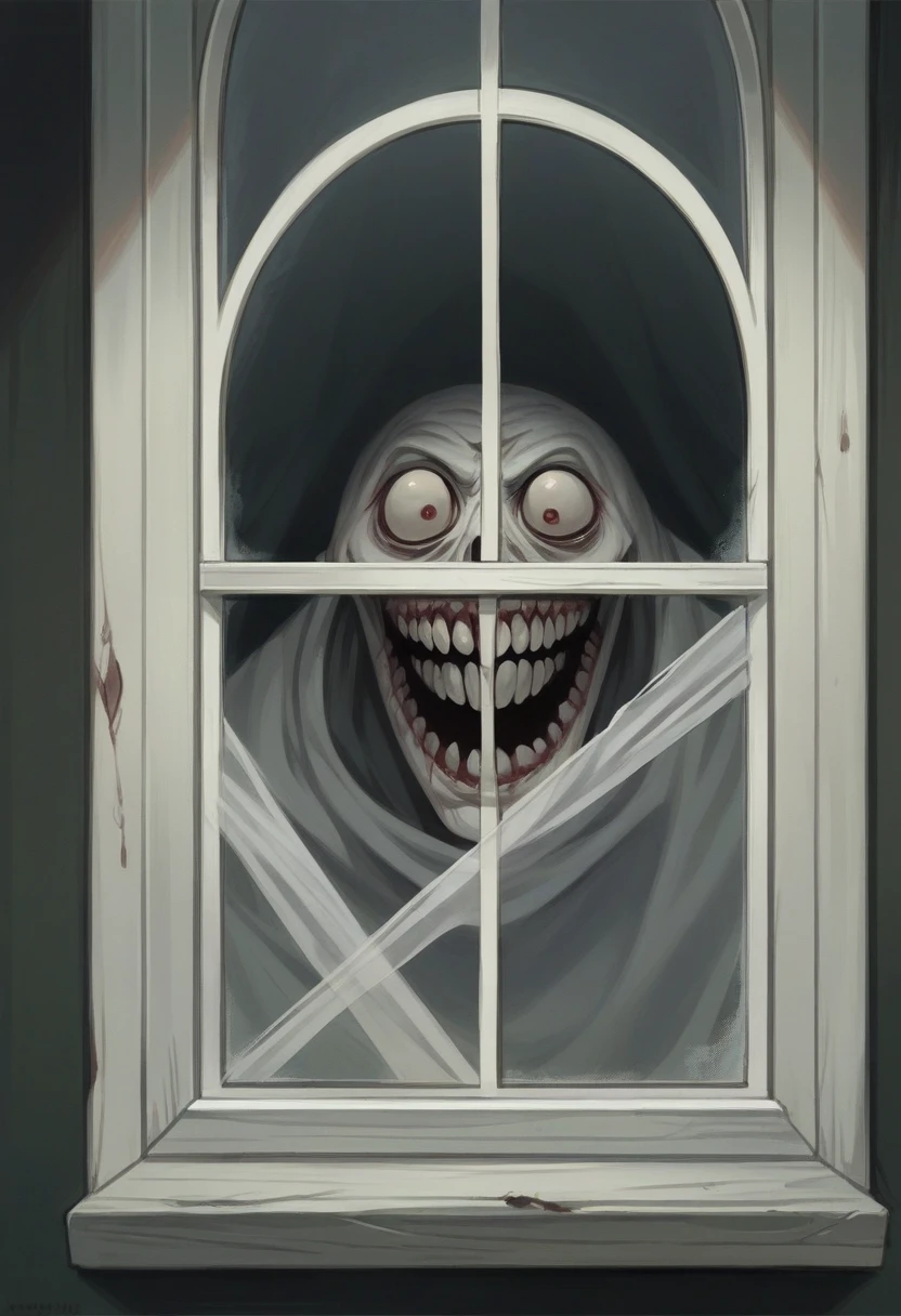 Mark Zuckerberg knocking on the window and asking to come inside. Terrifying smile. horror. scary. terrifying. --ar 9:16 --style raw