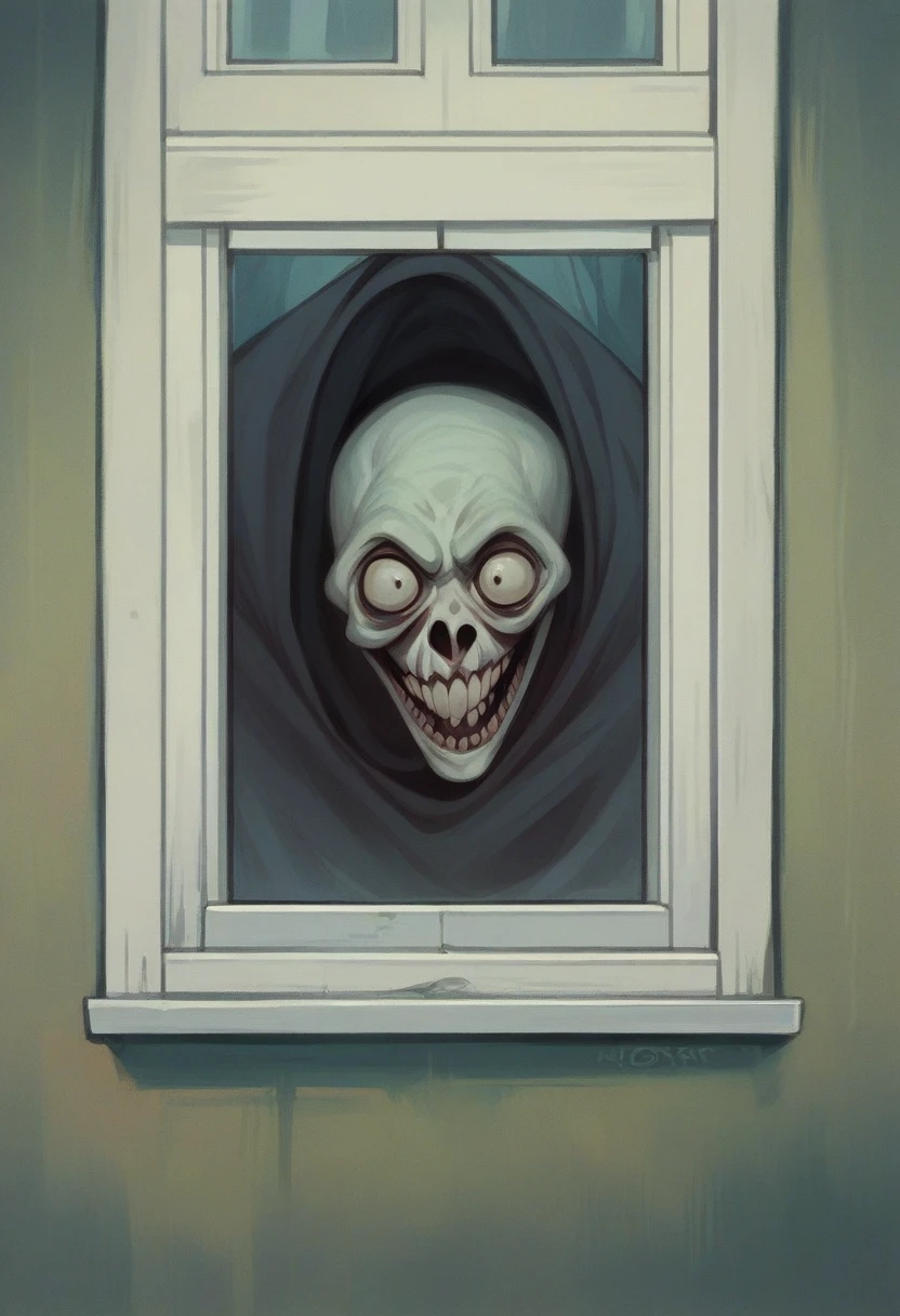 Mark Zuckerberg knocking on the window and asking to come inside. Terrifying smile. horror. scary. terrifying. --ar 9:16 --style raw