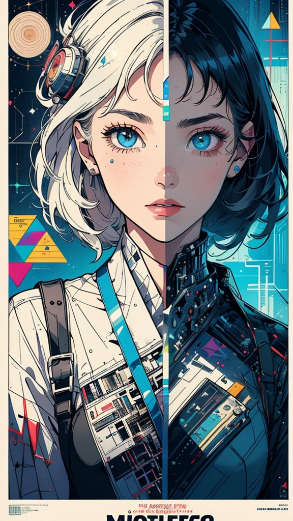 (((masterpiece, highest quality))),(((solo:1.2))),(((1girl:1.2))),32k wallpaper, very detailed, poster, vintage science fiction, 1960s,(((((geometric cinematic movie poster))))), (bauhaus), shape,(((abstract))), mid century modern, movie poster, vintage, Perfect Lady,1970's, halftone, speech bubble,(((portfolio,Close-up))),(((various angle))),(((bust up))),((highlight)),Vast landscape,((((heterochromia)))),(((complete. detailed face))),(((Extremely talented))),(((most complecated machine)))
