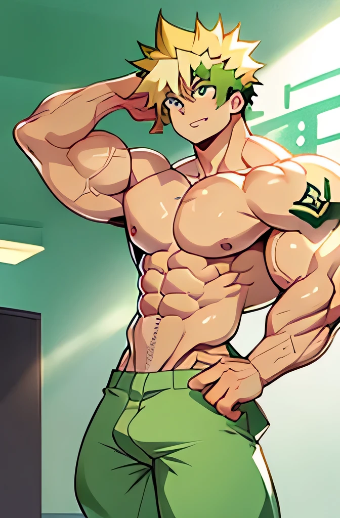 Man, anime, cabelos pretos, cabelos longos, cabelos muito longos, cabelo entre os olhos, olhos verdes, Pupilas verdes,sorrir, tatuagem no peito, tatuagem, Pants, sozinho, Foco masculino, Olhando para o Viewer, macho de peito nu, musculoso, qualidade de obra prrima, 4k, Ultra Detalhe