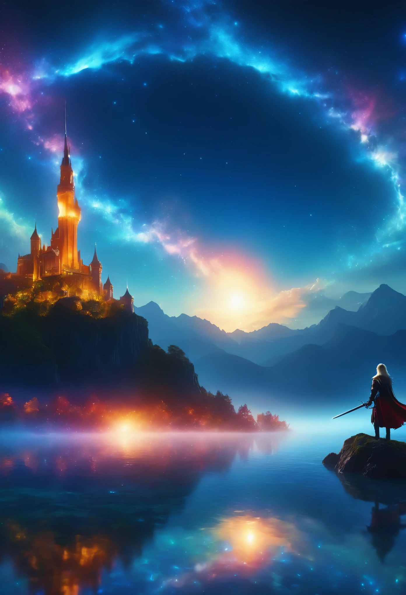 (8k, highest quality, masterpiece, final fantasy style: 1.2), (unrealistic, photorealistic: 1.37), (one mage lady standing on lake side, huge bouncing bust, Cover your whole body in light, Magic Swordsman, with sword with fire, Her sword shines into the heavens:1.1), Dreamy landscape, Fantasy, Unsurreal landscapes, Super detailed, Flying medieval castle, Floating Island in the Sky, Seven-colored swirl of light, (流星のMr.に空を舞う光り輝く尾の長い小鳥:1.3), Aurora, Intense lightning, milky way, Complex Light, Mr.々Colored light, Large Lake, Starry sky reflected on the lake surface, Countless shining stars, Meteors, Many meteors, Aura of, (A pillar of light emanated from the ground:1,2), 複雑な文Mr.の魔法陣,