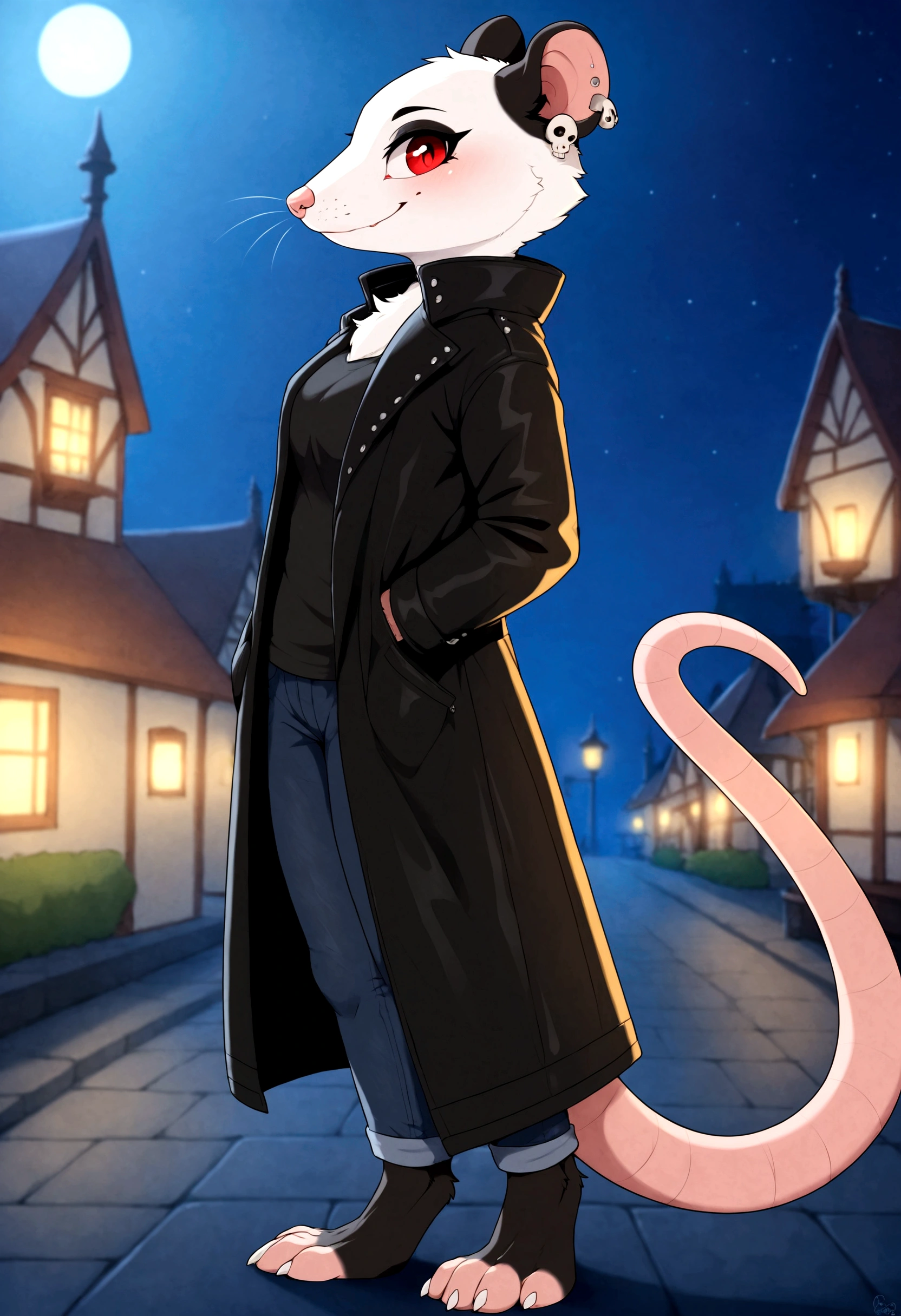 furry female, solo, dagasi_style,, furry, village, night, cozy lights, opposum girl, standing, side view, looking at spectator, smiling, piercing on left ear, red eyes, clear eyes, opossum, paws, feet, barefoot, long black leather coat, black jeans, black shirt with a skull, happy to see you