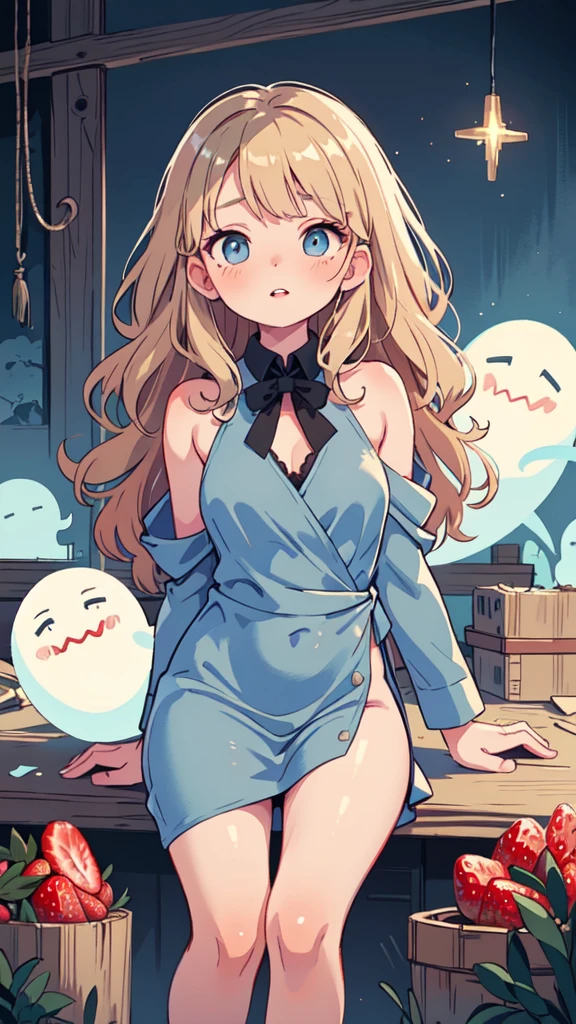 (masterpiece, best quality), Silk wrap dress with a fitted blazer, Belle, Average Height, Athletic, Diamond-Shaped Face, Olive Skin, Strawberry Blonde Hair, grey-blue Eyes, Straight Nose, Thick Lips, Round Chin, Shoulder-Length Hair, Fine Hair, Long Curly Hair, soft breasts, , shimmer metallic lipstick, an eerie, abandoned ghost town