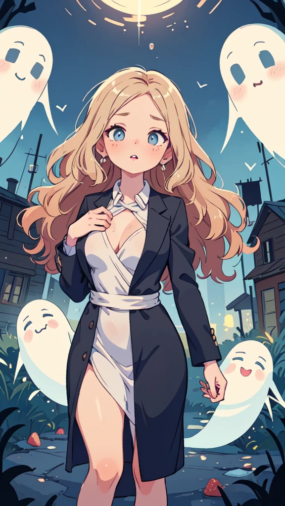 (masterpiece, best quality), Silk wrap dress with a fitted blazer, Belle, Average Height, Athletic, Diamond-Shaped Face, Olive Skin, Strawberry Blonde Hair, grey-blue Eyes, Straight Nose, Thick Lips, Round Chin, Shoulder-Length Hair, Fine Hair, Long Curly Hair, soft breasts, , shimmer metallic lipstick, an eerie, abandoned ghost town