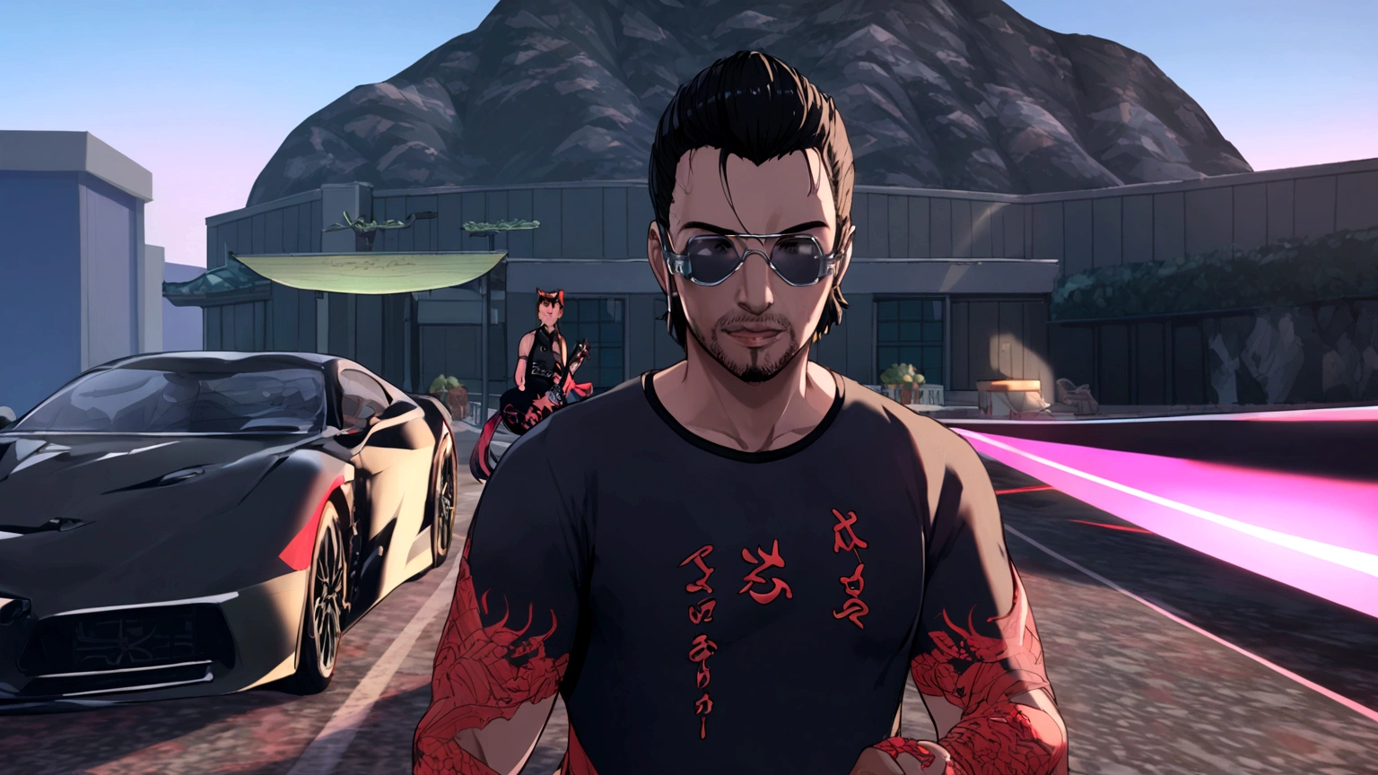 a black-haired anime man wearing aviator glasses,extremely detailed portrait,cinematic lighting,dramatic dynamic pose,8k resolution,stunning masterpiece,black background,red wine glass,black electric guitar in hand, dark background
