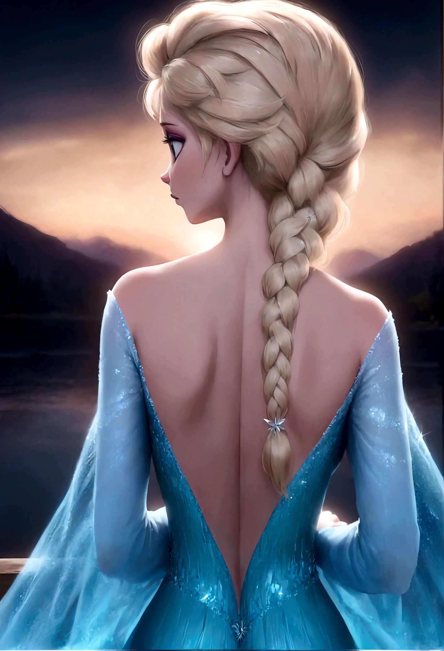 score_9, score_8_up, score_7_up, score_6_up, 1girl, elsa \(frozen\) sitting by frozen lake, elsa33, (single braid), blue dress, long sleeves, bare shoulder, upper body, long hair, makeup, worm light, solo, disney, (Back View, from behind:1.4), looking back over shoulder, anime screenshot, source_anime, dramatic composition, cinematic dynamic action scene, vibrant colors, cinematic lighting, dramatic lighting, best quality, masterpiece, very aesthetic, perfect composition, intricate details, ultra-detailed