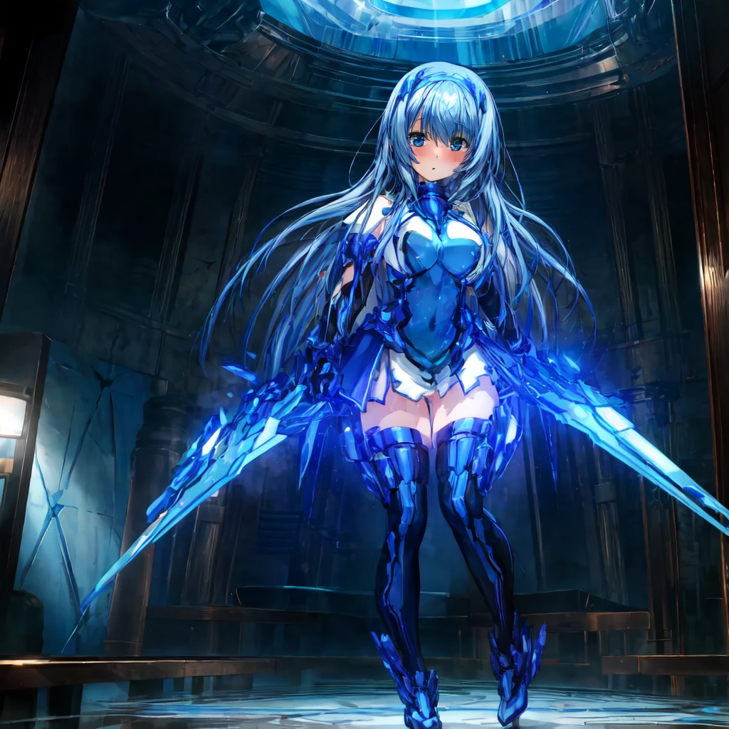 masterpiece, highest quality, Anime Style,Official Art Beautiful Lighting, 1 girl, bangs, Inside a futuristic base, whole body, Blue and white outfit,