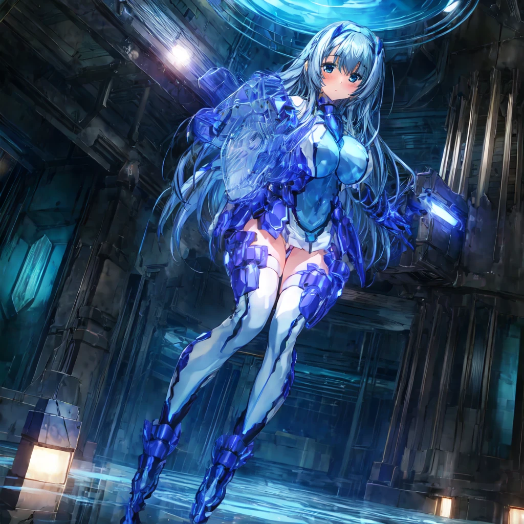 masterpiece, highest quality, Anime Style,Official Art Beautiful Lighting, 1 girl, bangs, Inside a futuristic base, whole body, Blue and white outfit, 