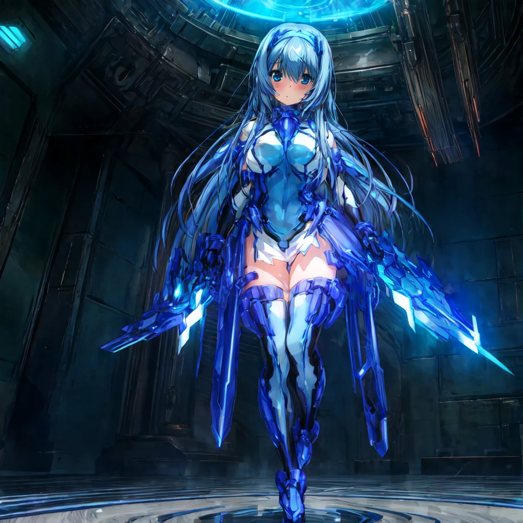 masterpiece, highest quality, Anime Style,Official Art Beautiful Lighting, 1 girl, bangs, Inside a futuristic base, whole body, Blue and white outfit,