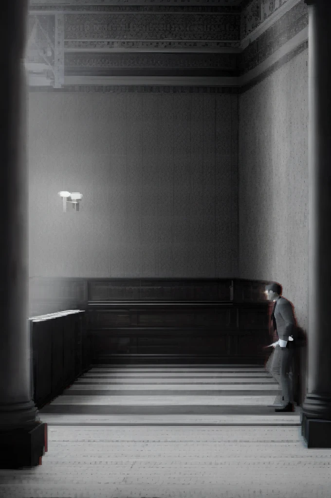 1man, alone, business suit, neat white hair cut, blurryface, blurred face, plain patterns, monochromatic, black and white, shades of grey, shades of gray, old manor background, mansion interior, old playstation style game, lorelei and the laser eyes style, game style, vintage