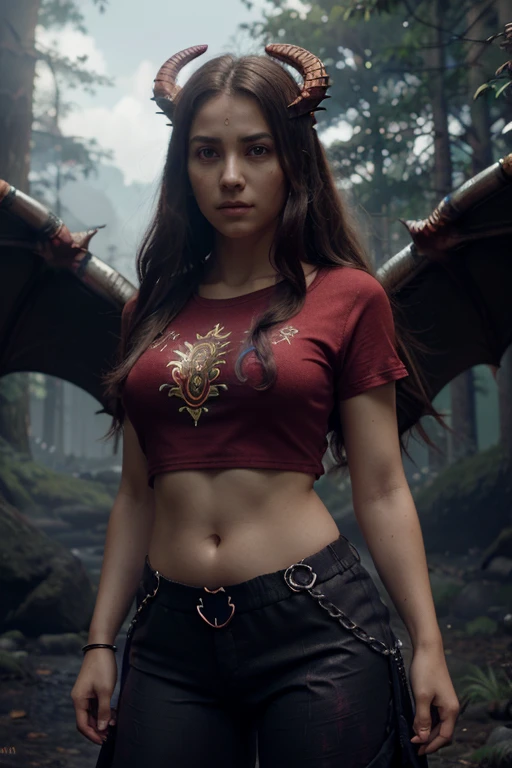 head straight facing the camera. (standing upright, body facing the camera, The hands are very detailed). 1girl with a rainbow dragon, front look.n((girl wearing a red t-shirt)), (wearing chakra: 1.4), (long cloth pants: 1.2), (chain mail with dragon scale patterns), perfect facial features, delicate face, long hair, graceful, wisdom, courage, rainbow dragon, scales, horns, flames, wings, dragon claws, dragon protecting the girl, background for ancient forest, mysterious connection, protection, trust, realistic quality, realism, 8k, best quality, masterpiece, cinematic quality, high chiaroscuro, octane rendering,fantasy, full hd.