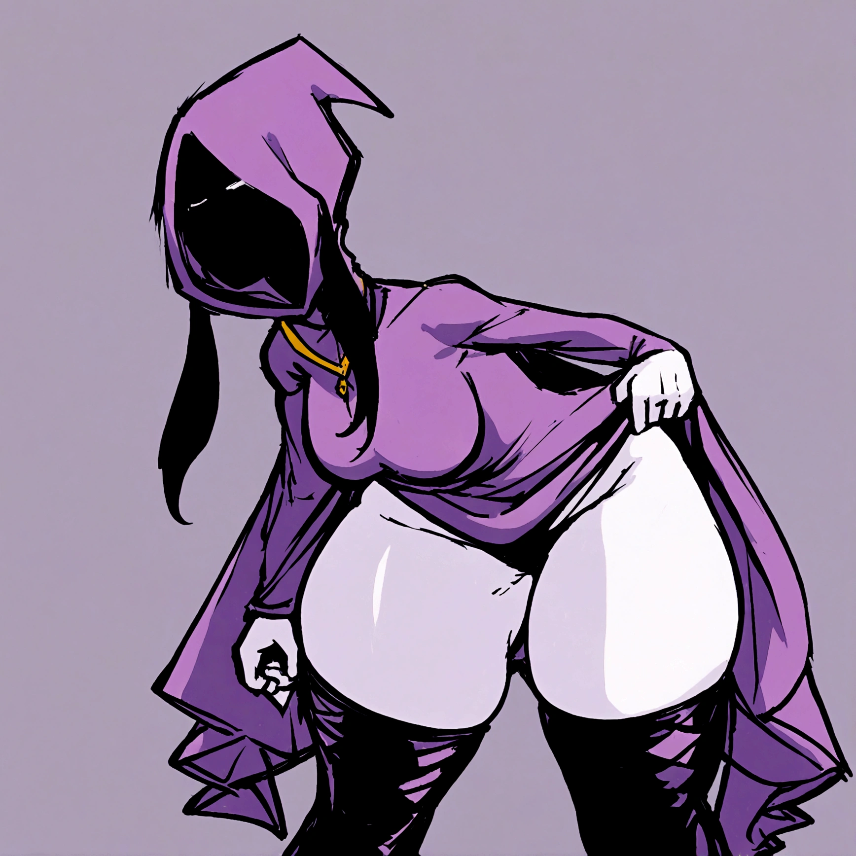 a thicc curvy shadow wizard wearing a purple robe and has nice thick thighs, female, y, fit, skinny, bent over from behind, wearing thigh high black stockings