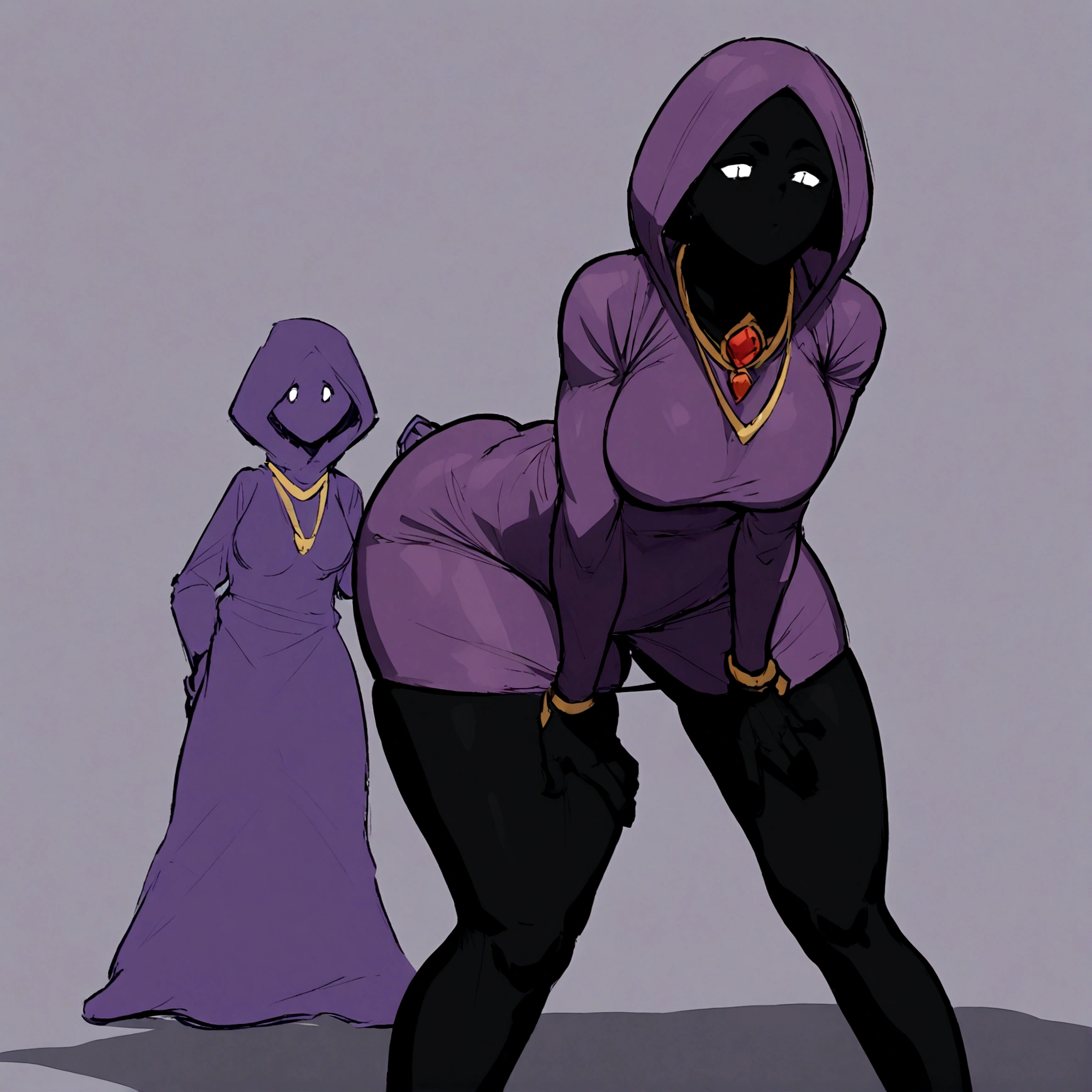 a thicc curvy shadow wizard wearing a purple robe and has nice thick thighs, female, sexy, fit, skinny, bent over from behind, wearing thigh high black stockings