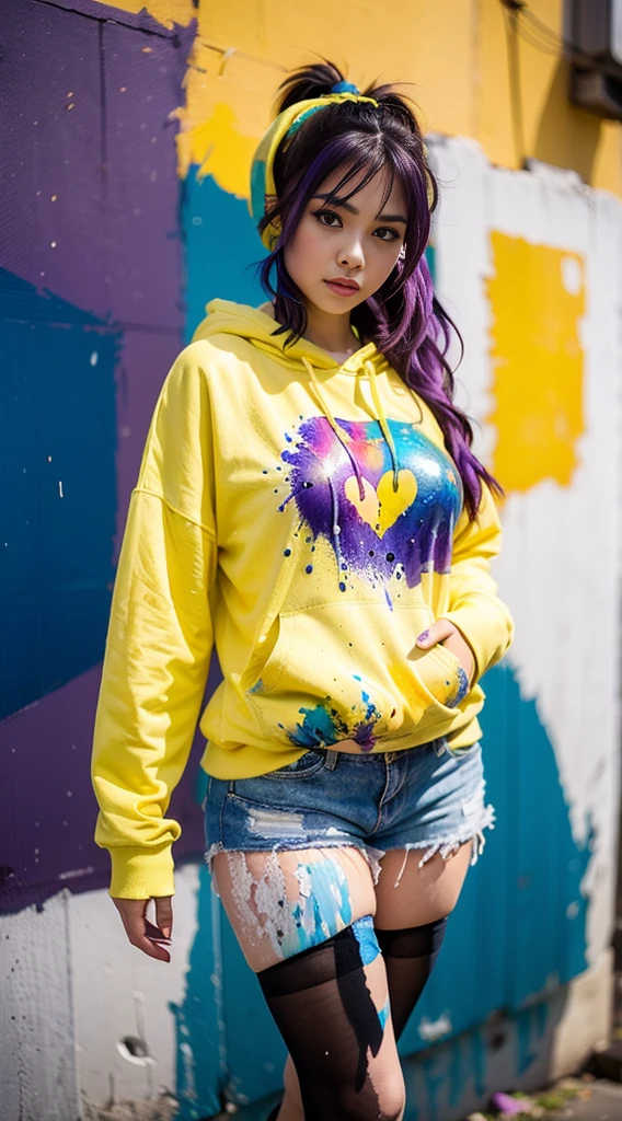 masterpiece, best quality, 1girl, purple hair, ponytail, yellow hoodie, short shorts, loose socks, sneakers, seiza, looking at viewer, large breasts, shiny skin, abstract background, vivid colors, paint splashes, rainbow theme