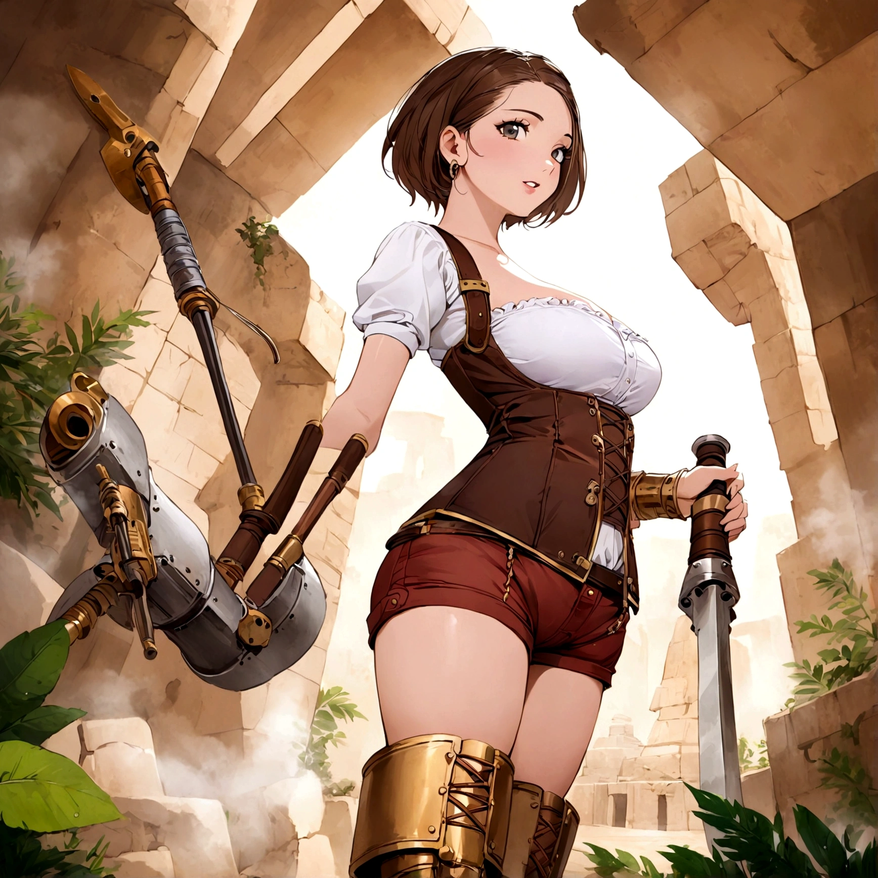 A cute woman is a steam punk adventurer (british shorts, mechanical belt, corset, steam boots, weapons and tools), ancient Mayan ruins
