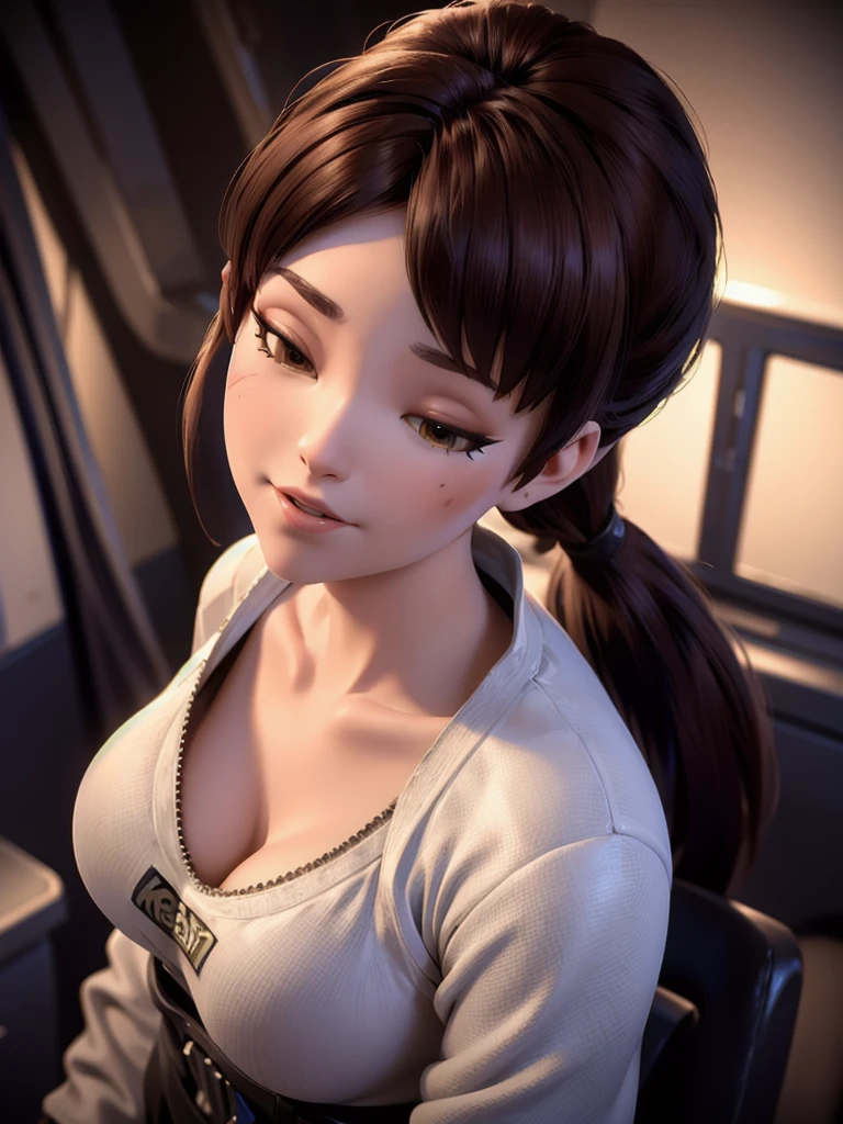 (DVA from Overwatch) without mech, a beautiful woman with short brown hair in a (ponytail), high quality refelctions, volumetric lighting, wearing a (plain white t-shirt), in her bedroom on her bed, 1 girl solo, cinematic lighting, high resolution, physically-based rendering, extremely detailed, 8k, volumetric lighting, hyperrealistic, detailed facial features, masterpiece, intricate details, full upper body, gaming setup in background, cinematic, you can see the fabric of the shirt and the knits very detailed, small breasts, nsfw, the focus is on her whole body and the environment, cinematic screenshot