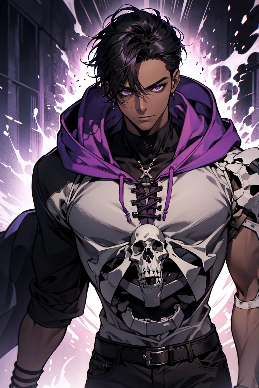 male with bones, looking away from camera, skulls, bones, handsome, black, dark skin, tall, broad shoulders, black hair, purple, purple fire, magic, detailed face, fantasy, hoodie
