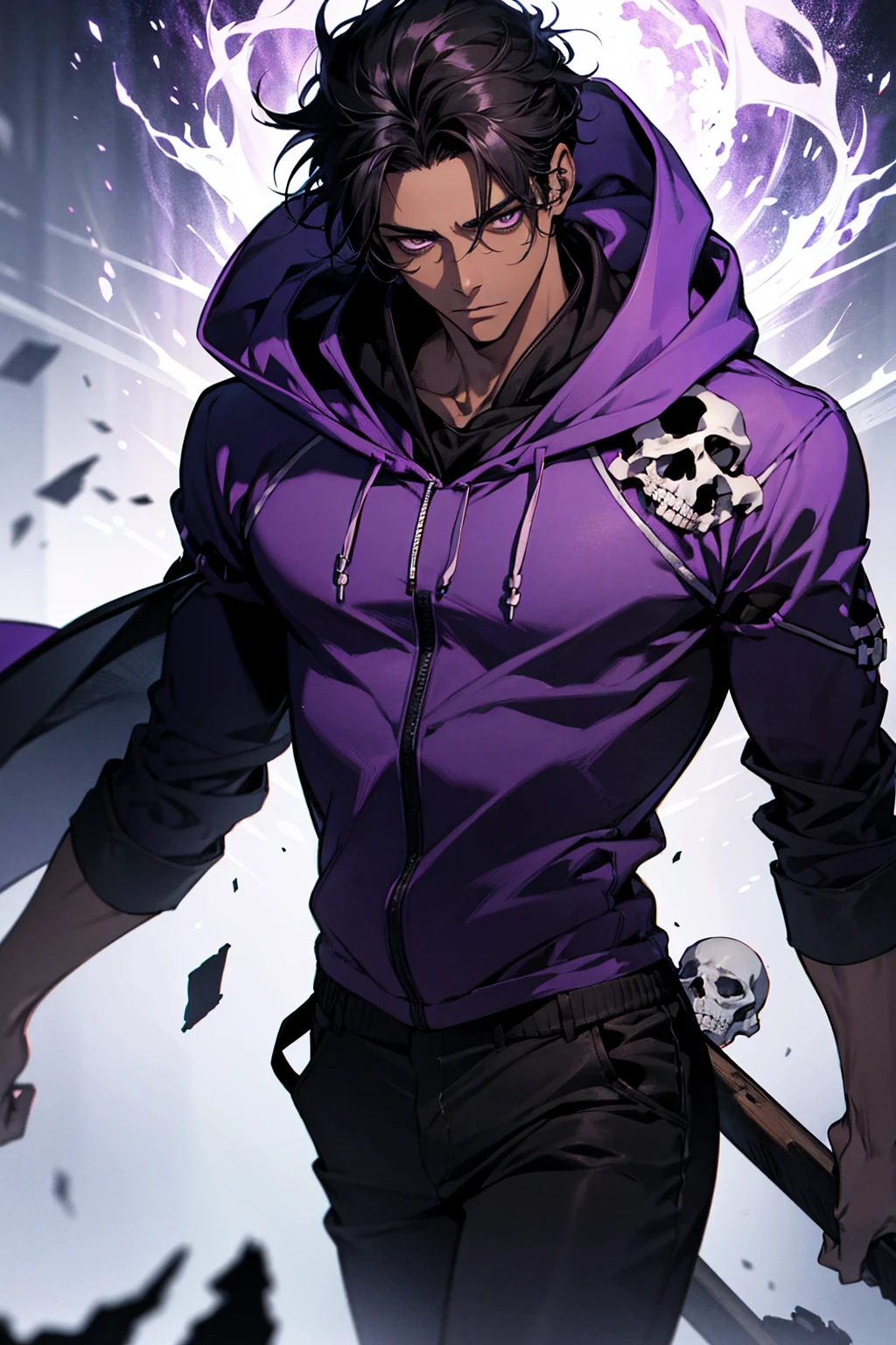 male with bones, looking away from camera, skulls, bones, handsome, black, dark skin, tall, broad shoulders, black hair, purple, purple fire, magic, detailed face, fantasy, hoodie