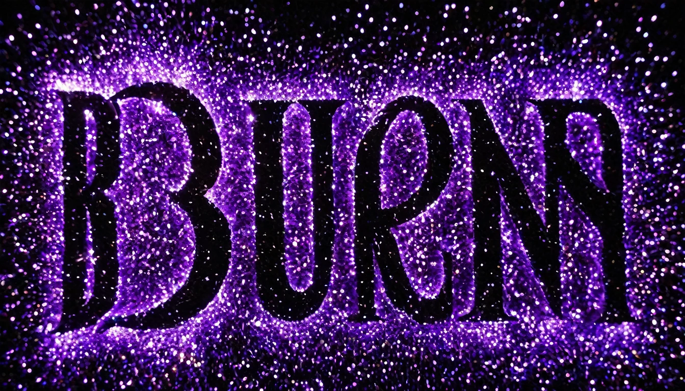 a close up of a purple glittered word on a black background, purple glowing inscription, burn, burning, burned, by Rodney Joseph Burn, adam burn, inspired by Rodney Joseph Burn, film burn, burnt, made of liquid purple metal, purple sparkles, purple fire powers fire swirling, purple crystal inlays, by Gwen Barnard, profile image, purple fire