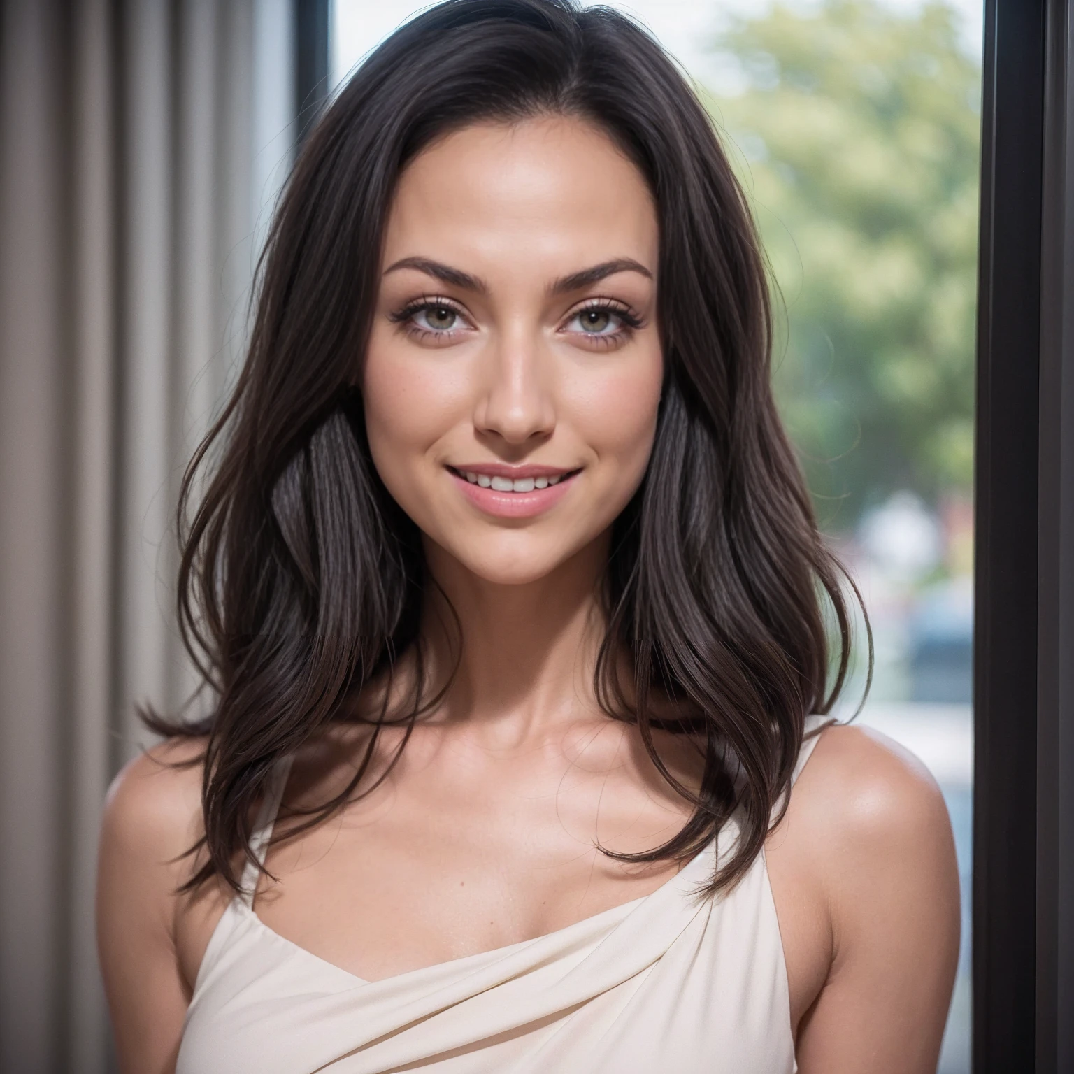 a woman in long wavy black dress posing in front of a window, Anna Nikonova aka newmilky, gorgeous face,  ((high detailed skin, skin details)), perky, sharp focus, 8k uhd, dslr, high quality, film grain, rim light, Koda chrome, RAW, Nikon z 85mm, extremely detailed award-winning, front lit, HDR, she's super happy, smiling,  