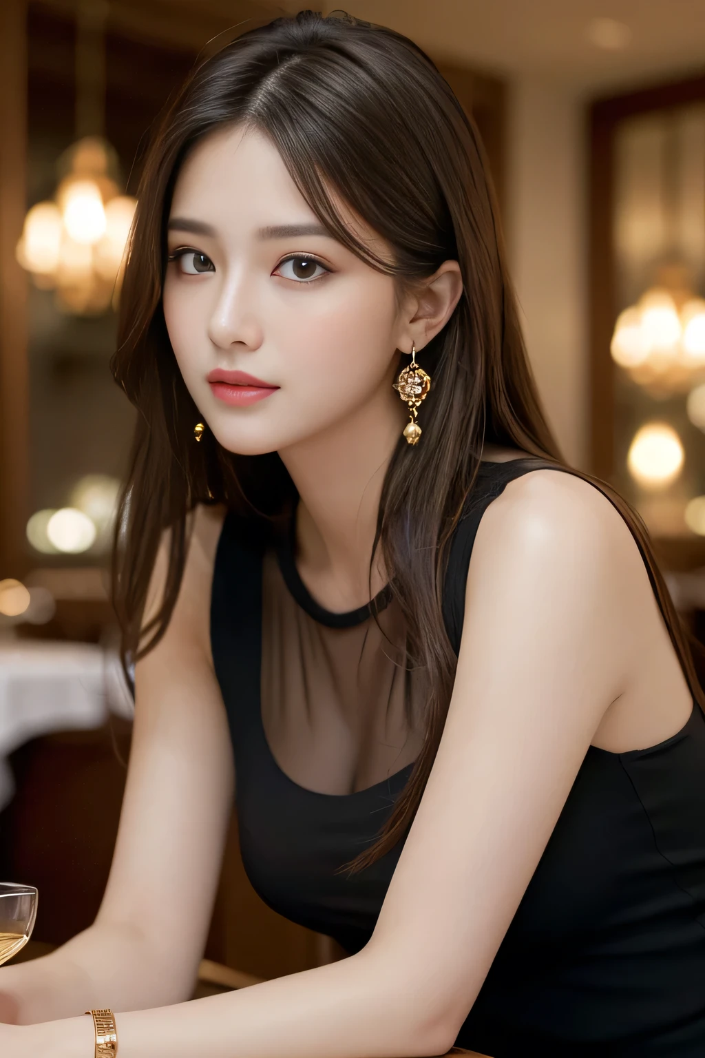 masterpiece, highest quality, Realistic, Very detailed, Finer details, High resolution, 8k wallpaper, One beautiful woman, Wear an elegant black see-through shirt, In a great restaurant, At night, Light brown messy hair, Perfect dynamic composition, Beautiful and beautiful eyes、Big earrings、Sleeveless shirt、