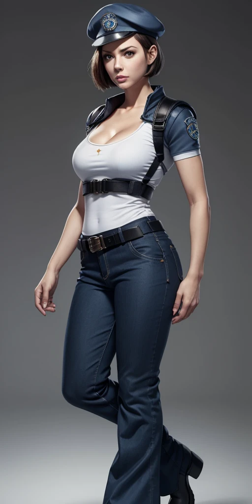 Jill Valentine, full body, masterpiece, best quality, 1girl, solo, standing, jillre1, beret, uniform, shoulder pads, short sleeves, harness, belt, bell-bottom blue pants(Wide flares on pants:1.2), cleavage, black boots, full body, perfect eyes, perfect red mouth,

