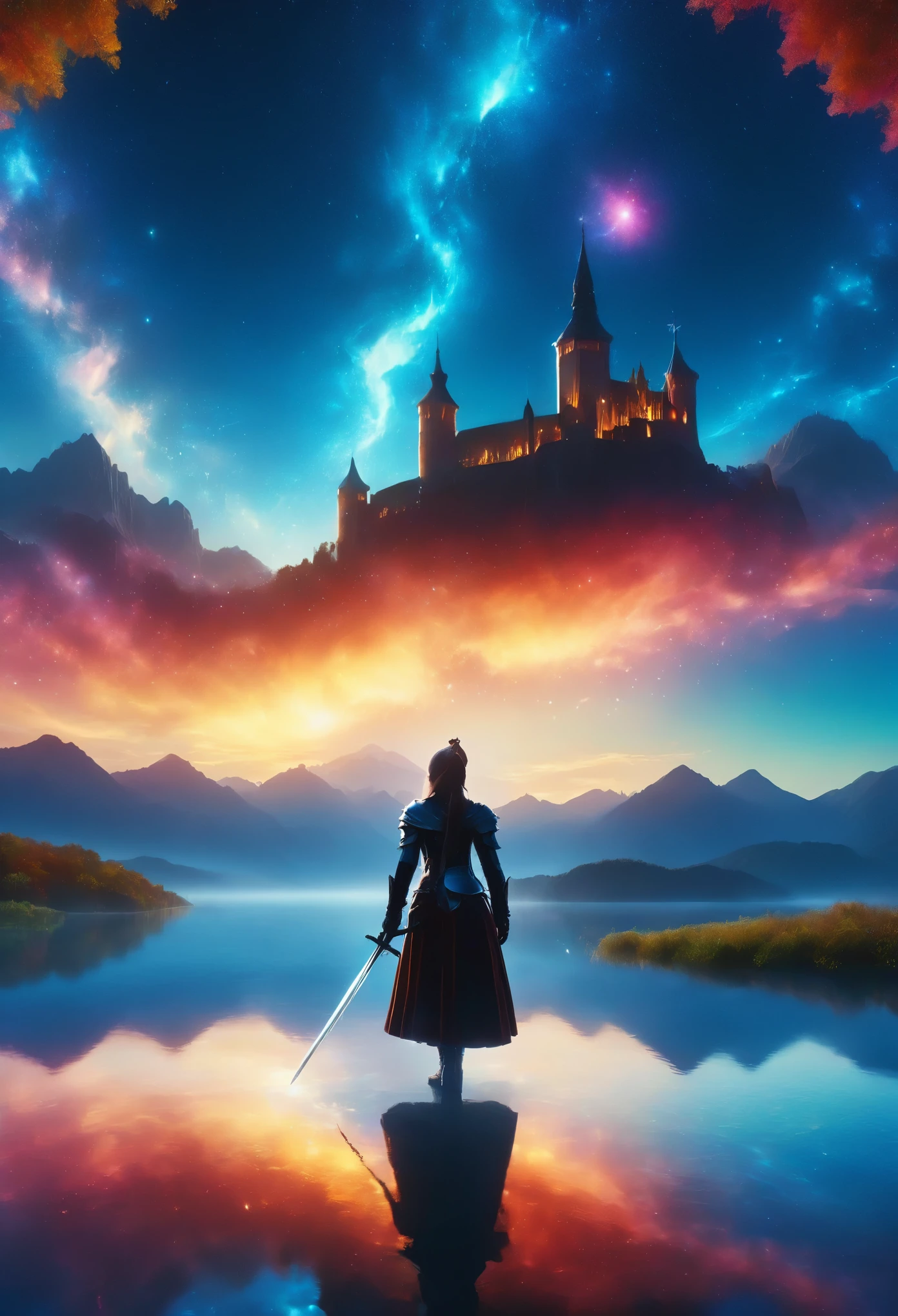 (8k, highest quality, masterpiece, final fantasy style: 1.2), (unrealistic, photorealistic: 1.37), (one mage lady standing on lake side, huge bouncing bust, Cover your whole body in light, Magic Swordsman, with sword with fire, Her sword shines into the heavens:1.1), Dreamy landscape, Fantasy, Unsurreal landscapes, Super detailed, Flying medieval castle, Floating Island in the Sky, Seven-colored swirl of light, (流星のMr.に空を舞う光り輝く尾の長い小鳥:1.3), Aurora, Intense lightning, milky way, Complex Light, Mr.々Colored light, Large Lake, Starry sky reflected on the lake surface, Countless shining stars, Meteors, Many meteors, Aura of, (A pillar of light emanated from the ground:1,2), 複雑な文Mr.の魔法陣,