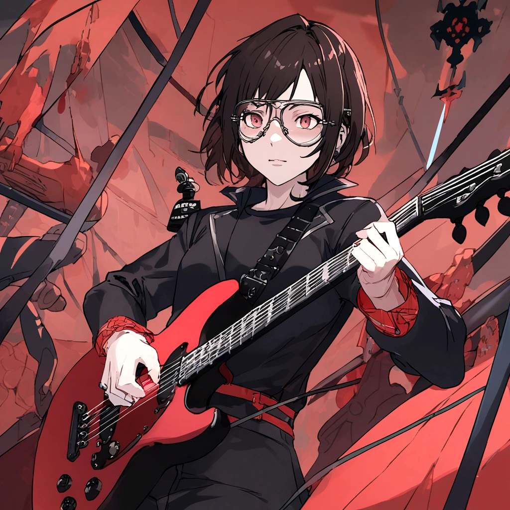 a black-haired anime man wearing aviator glasses,extremely detailed portrait,cinematic lighting,dramatic dynamic pose,8k resolution,stunning masterpiece,black background,red wine glass,black electric guitar in hand