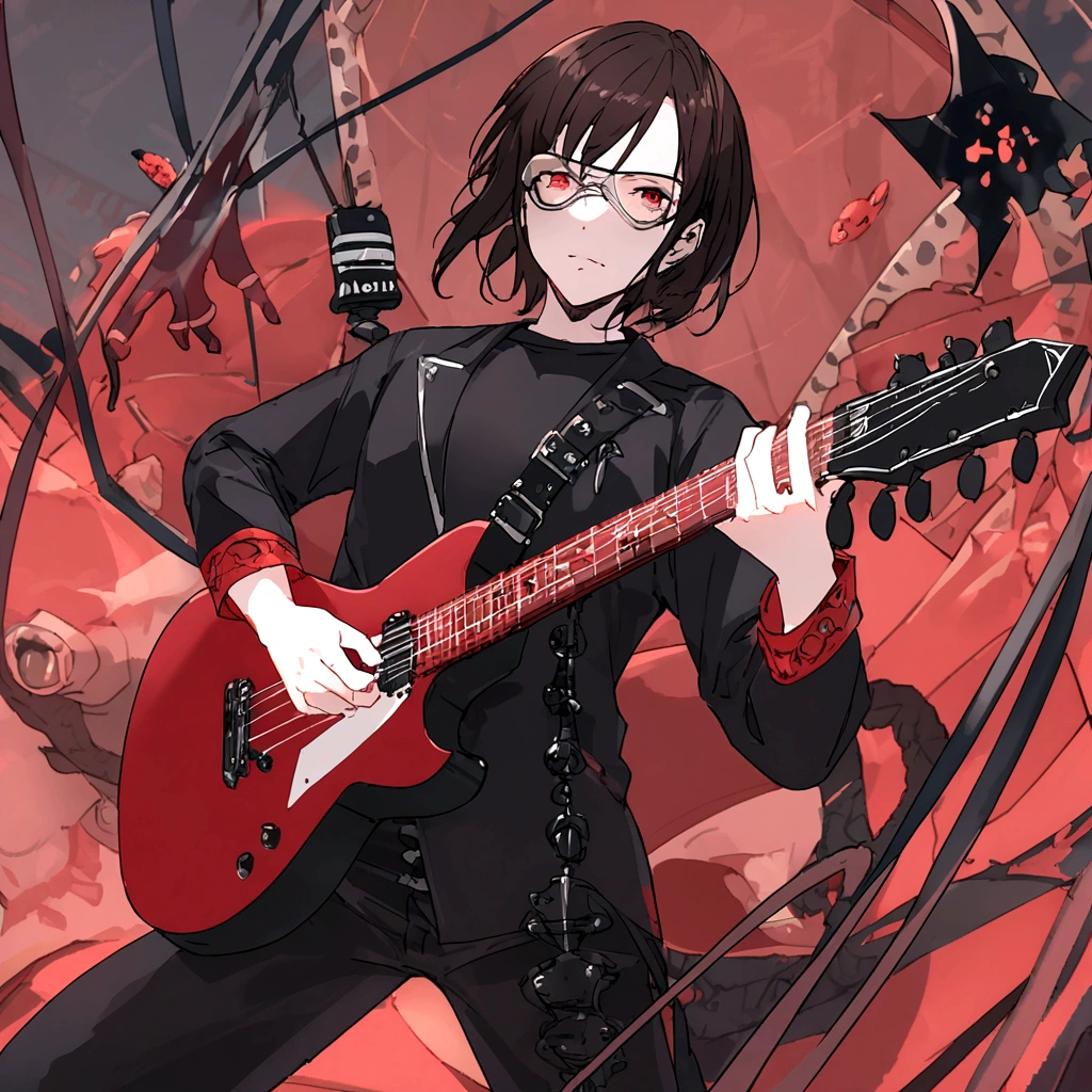 a black-haired anime man wearing aviator glasses,extremely detailed portrait,cinematic lighting,dramatic dynamic pose,8k resolution,stunning masterpiece,black background,red wine glass,black electric guitar in hand