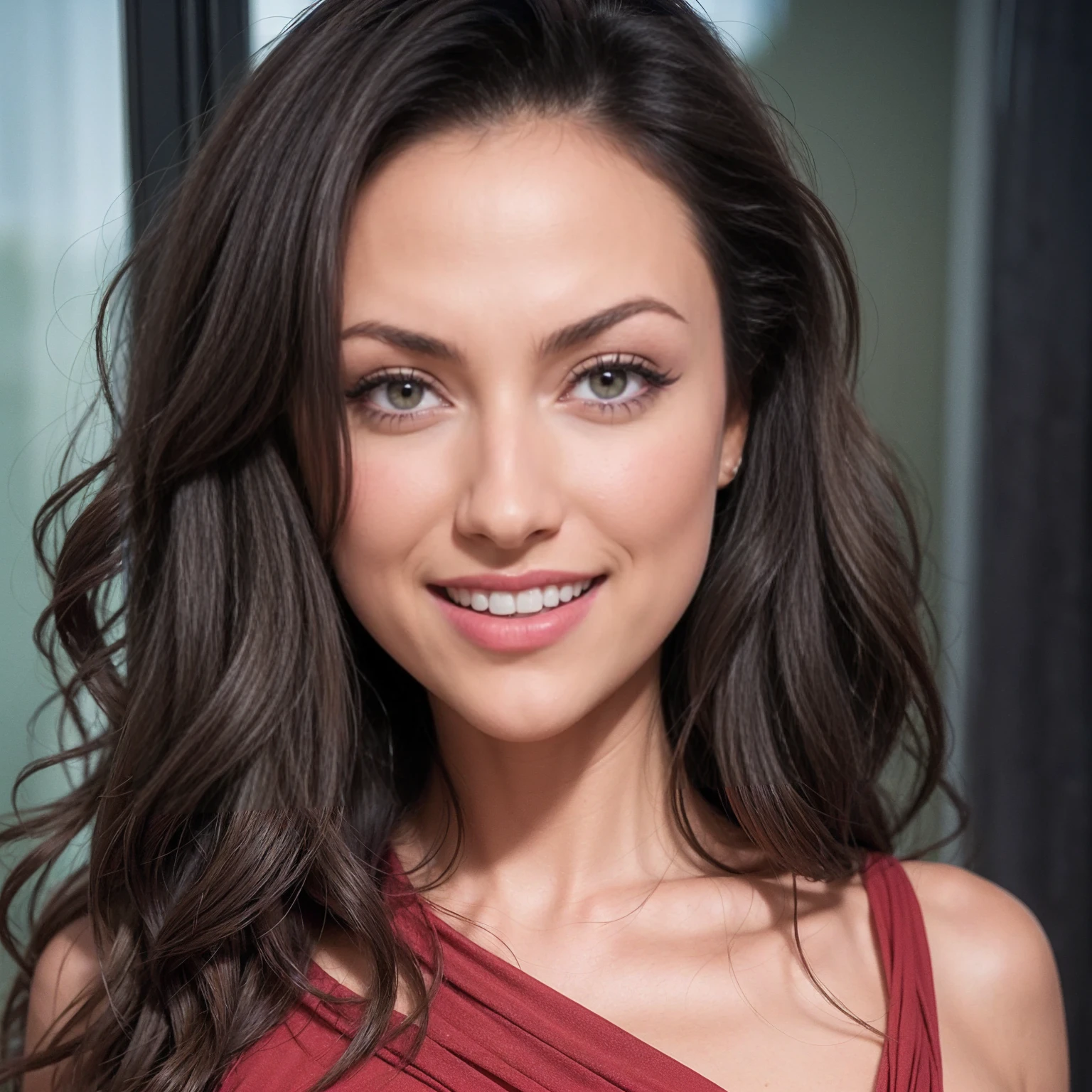 a woman in long wavy red dress posing in front of a window, Anna Nikonova aka newmilky, gorgeous face,  ((high detailed skin, skin details)), perky, sharp focus, 8k uhd, dslr, high quality, film grain, rim light, Koda chrome, RAW, Nikon z 85mm, extremely detailed award-winning, front lit, HDR, she's super happy, smiling,  