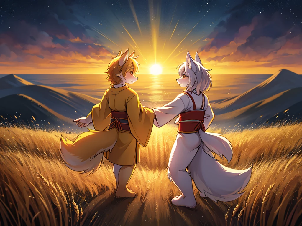 (Fill the drawing with bright colors and Japanese strokes) , Hallucination, daydream , nightmare , bokeh , Wolves dancing in a sea of golden wheat , sun set