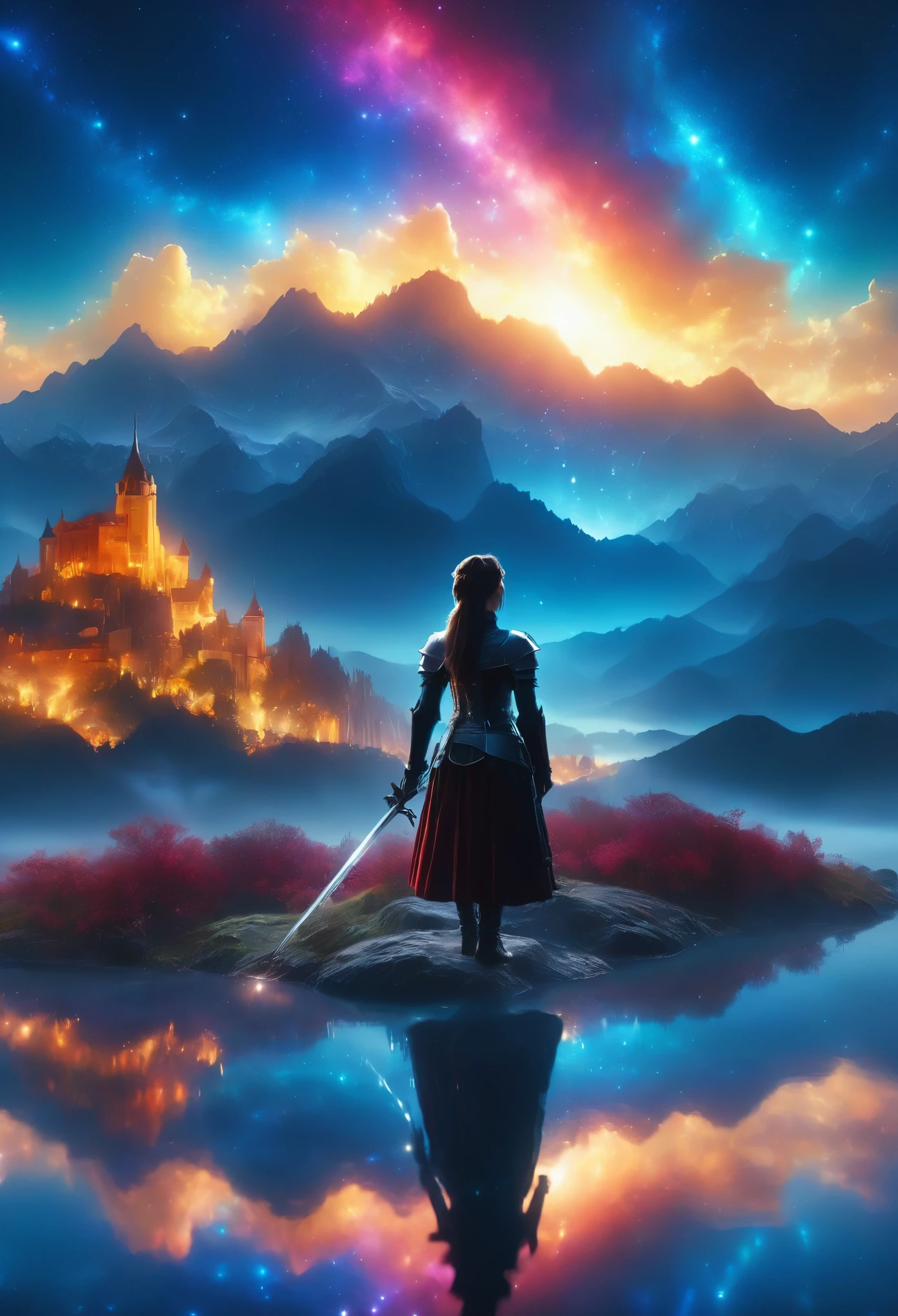 (8k, highest quality, masterpiece, final fantasy style: 1.2), (unrealistic, photorealistic: 1.37), (one mage lady standing on lake side, huge bouncing bust, Cover your whole body in light, Magic Swordsman, with sword with fire, Her sword shines into the heavens:1.1), Dreamy landscape, Fantasy, Unsurreal landscapes, Super detailed, Flying medieval castle, Floating Island in the Sky, Seven-colored swirl of light, (流星のMr.に空を舞う光り輝く尾の長い小鳥:1.3), Aurora, Intense lightning, milky way, Complex Light, Mr.々Colored light, Large Lake, Starry sky reflected on the lake surface, Countless shining stars, Meteors, Many meteors, Aura of, (A pillar of light emanated from the ground:1,2), 複雑な文Mr.の魔法陣,