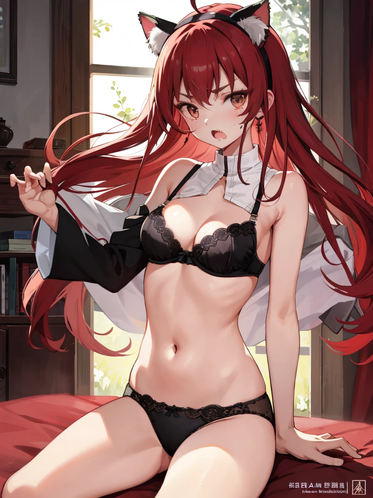 masterpiece, top quality, high resolution, solo, see-throuh,misaligned bra, cat hair ears rough breath, sexual expression, open mouth, wearing underwear, shoving cleavage, drooling