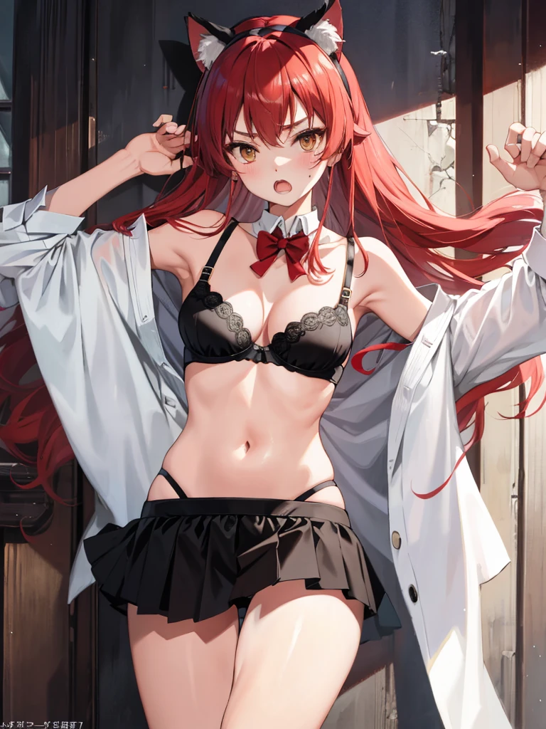 masterpiece, top quality, high resolution, solo, see-throuh,misaligned bra, cat hair ears rough breath, sexual expression, open mouth, wearing underwear, shoving cleavage, drooling
