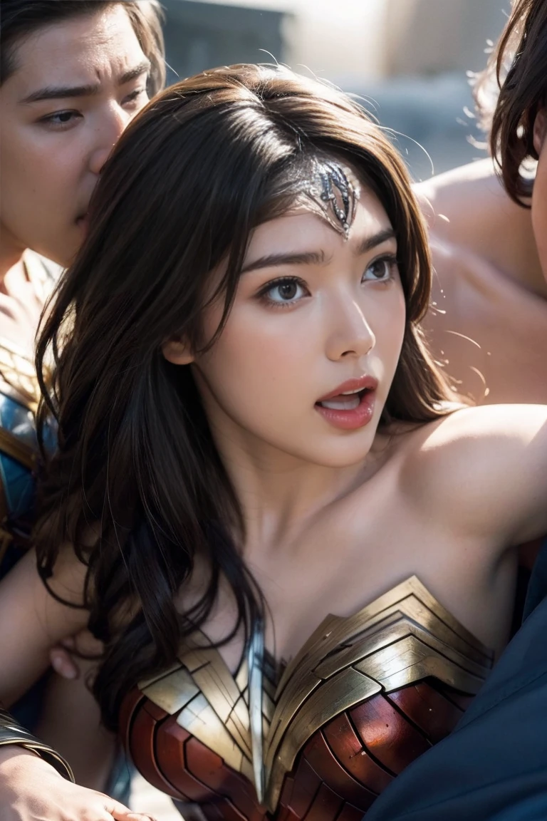 私はWonder Womanです、完璧なWonder Womanの衣装,押しdefeat,defeat,A man straddles me,Grabbed by the face、Hug from the front,I was hugged,be strangled to death,You can have it.,Men lick my face with their tongues,The guys lick my head with their tongues,Men lick my hair with their tongues,My body is licked by men,sleeping face,close ~ eye,Open your mouth,Tired face,Face of Suffering,Being slapped in the face,Getting punched in the face,Fighting with men,Fight with the men,Surrounded by men,,Caught between men,Being held back by men,Entanglement with males, Being attacked by a man,Brown Hair,  masterpiece、beautiful girl、fine eye、puffy eye、highest quality, 超High resolution, (reality: 1.4), Cinema Lighting,so beautiful、Beautiful Skin、(超reality的な)、(High resolution)、(8k)、(Very detailed)、(美しくて立派なeye)、(Very detailed)、 Detailed face、Diagonal bangle hair、Brown Hair、20-year-old、Wonder Womanのコスプレ，Wonder Woman