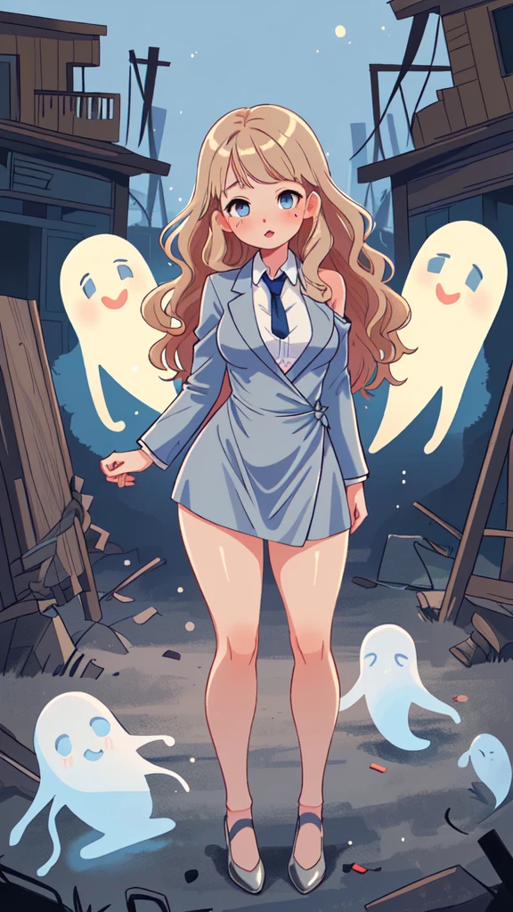 (masterpiece, best quality), Silk wrap dress with a fitted blazer, Belle, Average Height, Athletic, Diamond-Shaped Face, Olive Skin, Strawberry Blonde Hair, grey-blue Eyes, Straight Nose, Thick Lips, Round Chin, Shoulder-Length Hair, Fine Hair, Long Curly Hair, soft breasts, , shimmer metallic lipstick, an eerie, abandoned ghost town