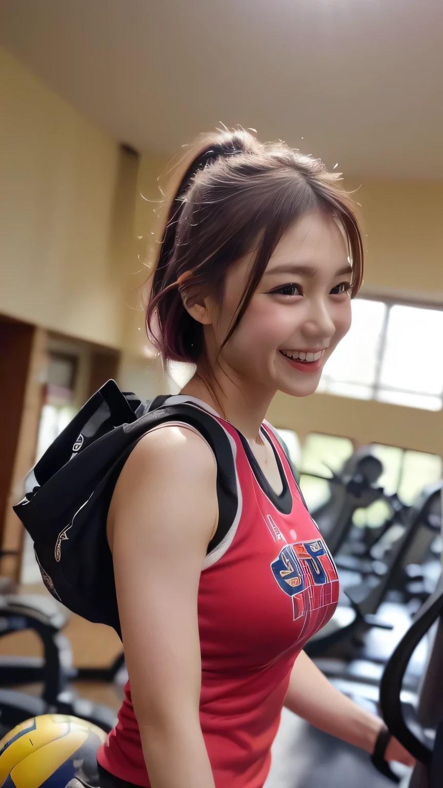 (Realistic、Like a photograph、Live Action、8k, Realistic, RAW Photos, Best image quality: 1.4), Single-lens reflex camera、RAW Photos, highest quality, Realistic, Very detailed CG Unity 8k wallpaper, Written boundary depth, Cinematic Light, Lens flare, Ray Tracing, Realistic background、Many people々々:1.4、(Volleyball Player:1.4、uniform:1.3、Volleyball uniforms that fit snugly against the skin、、Sports bag straps between breasts)、((ense Skin))、 1 female,Cute Japanese Volleyball Player、((Receiving posture、((whole body:1.5))、During the game:1.1、Smiling at the g)、Pink inner color hair、short hair:1.2、tie your hair with a hair clip、I like that style、stylish、Very detailed、Pay attention to the details、Perfect outfit、(Sunburned skin)、Beautiful legs:1.1,View from below the front
