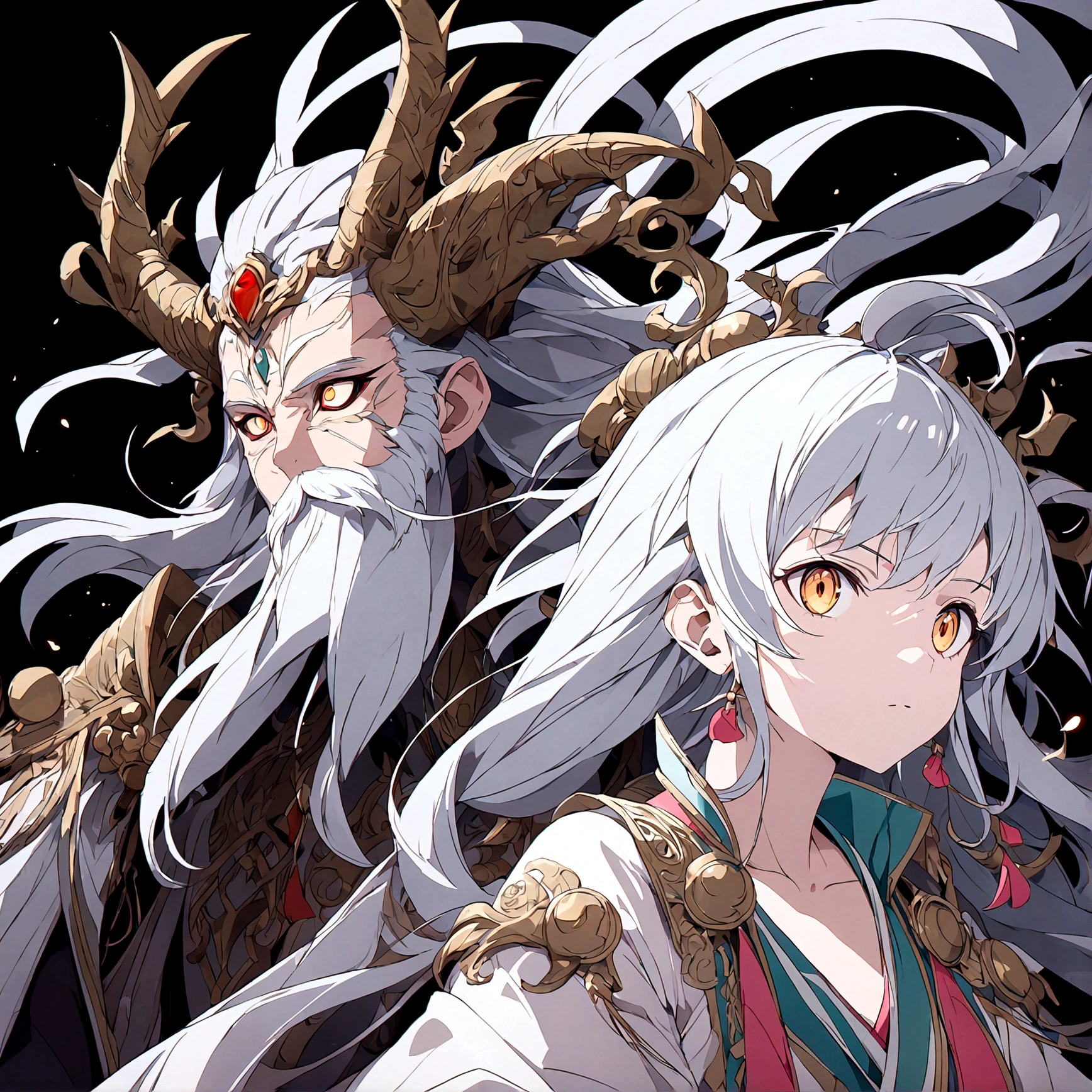 a powerful primordial god with a white beard standing beside a powerful primordial goddess, black background, anime style, detailed face, detailed clothing, intricate details, complex composition, refined textures, vibrant colors, masterful rendering, 8k, best quality