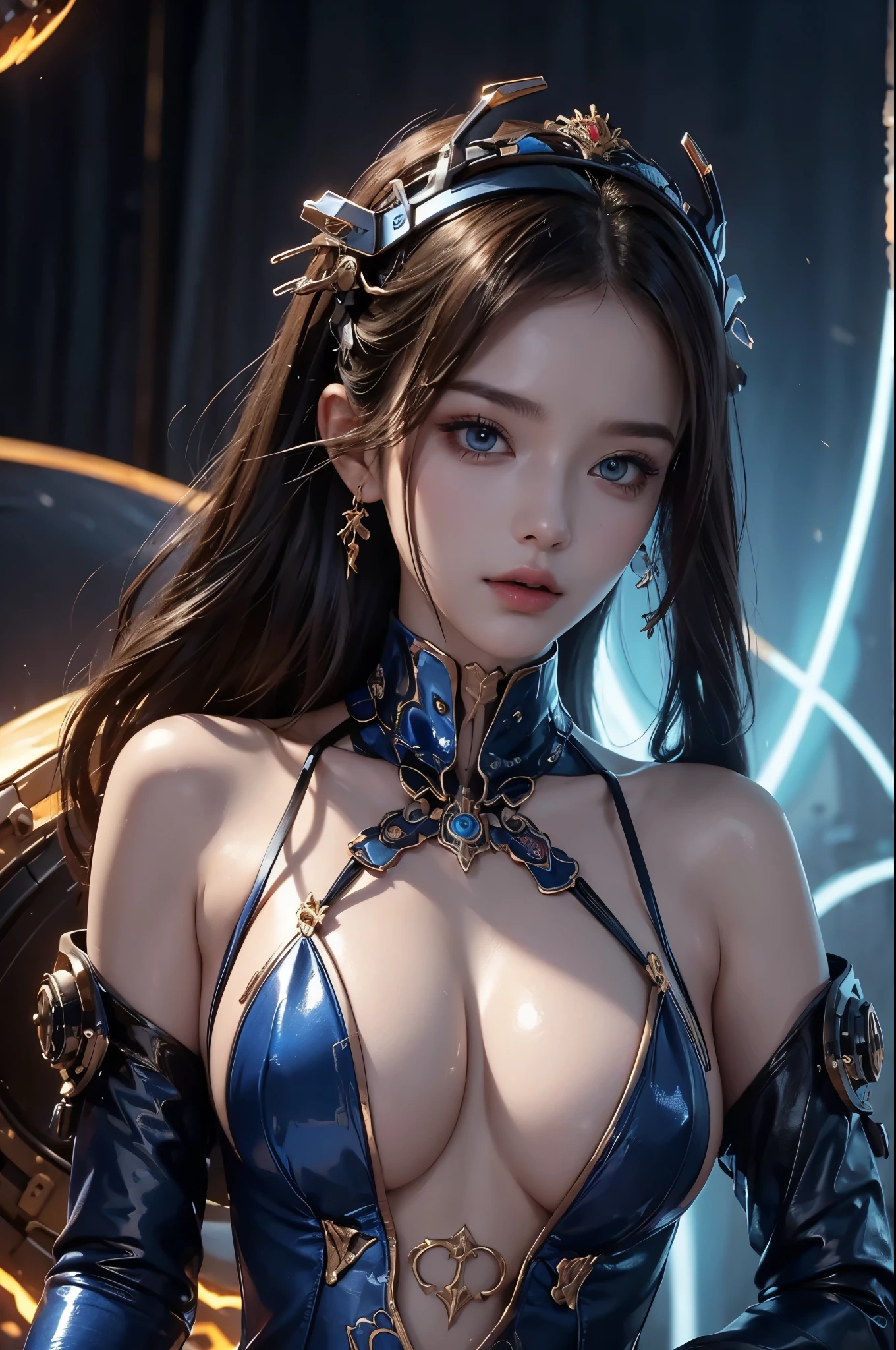 This is an artistic digital illustration portraying the bust of a female figure with cybernetic enhancements and an elaborate mechanical headdress. The figure's facial expression is passive yet intense, with striking red eyes and blue makeup accentuating her features against the contrasting cool metallic tones of the machinery. Rich in detail, the artwork blends organic and mechanical aesthetics, combining smooth human skin with intricate gears, wires, and dripping.